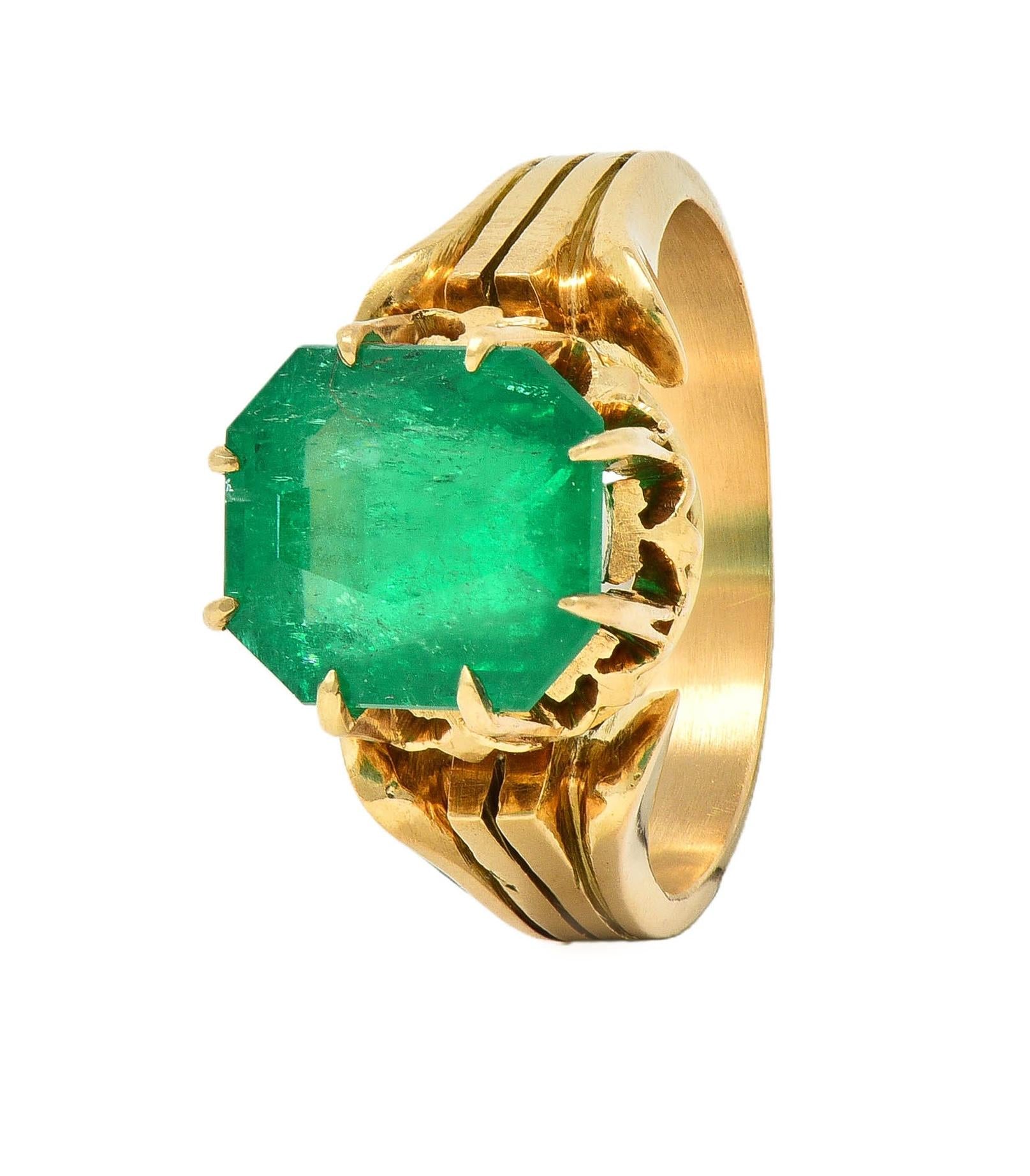 Victorian 3.60 CTW Colombian Emerald 14K Yellow Gold Antique Solitaire Ring GIA