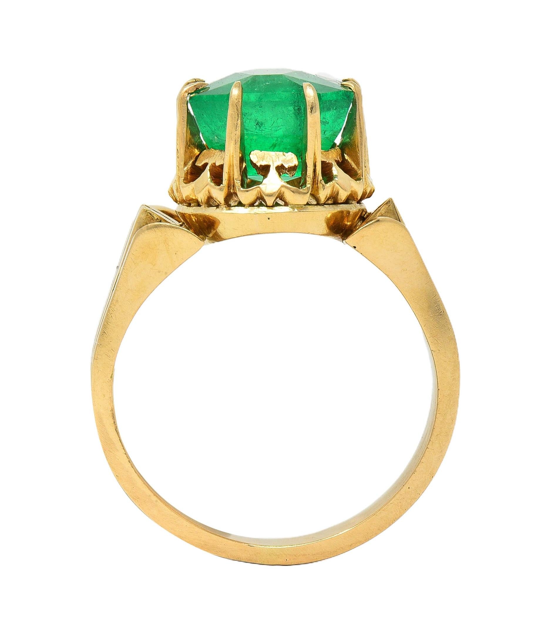 Victorian 3.60 CTW Colombian Emerald 14K Yellow Gold Antique Solitaire Ring GIA