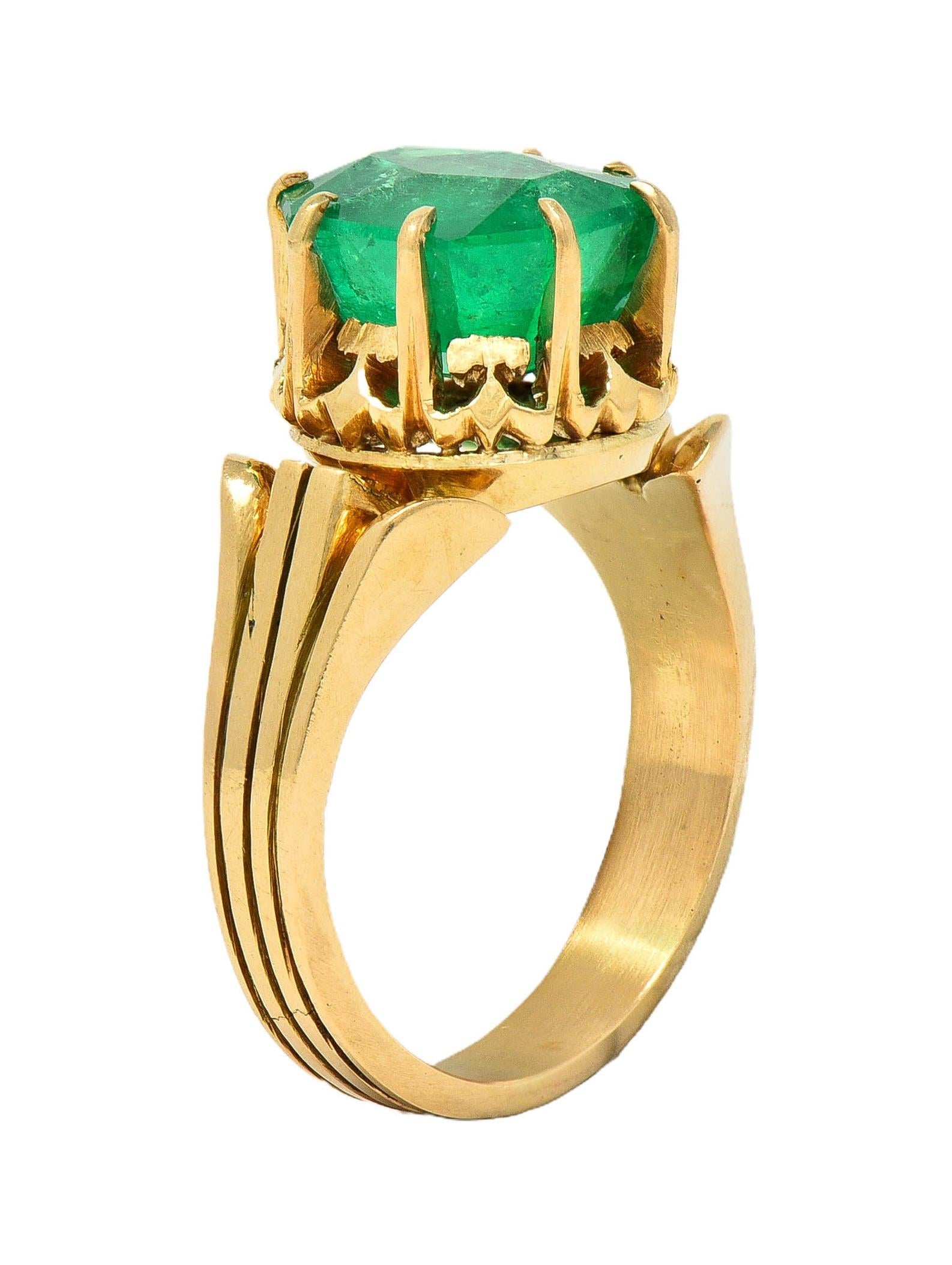 Victorian 3.60 CTW Colombian Emerald 14K Yellow Gold Antique Solitaire Ring GIA