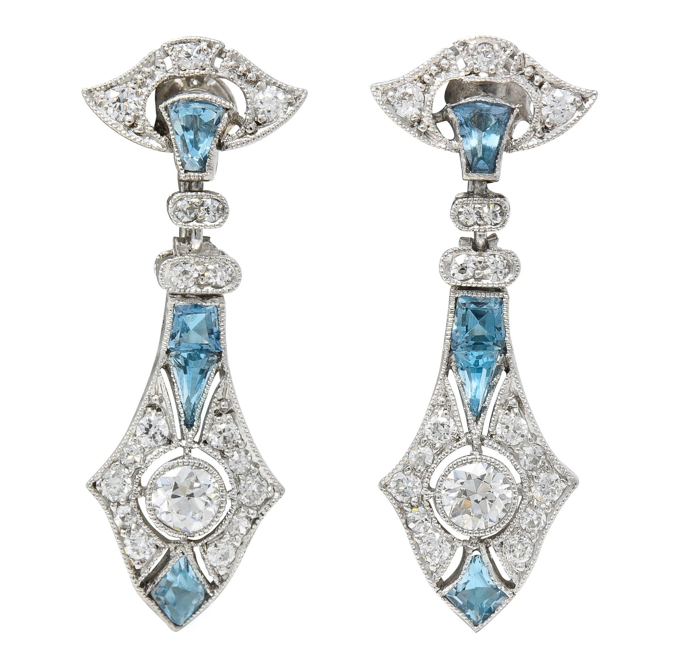 Art Deco Diamond Aquamarine Platinum Vintage Screwback Drop Earrings