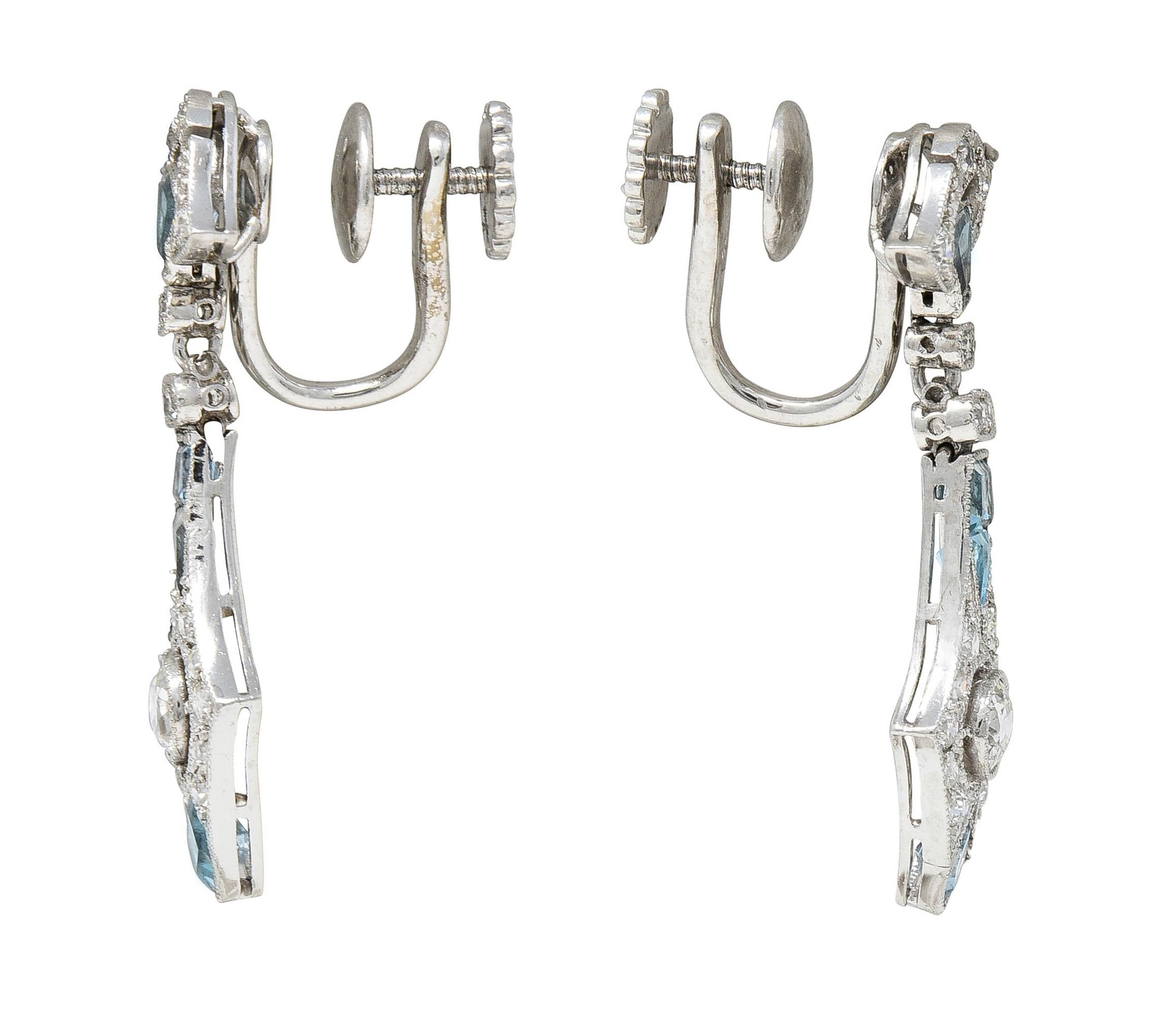 Art Deco Diamond Aquamarine Platinum Vintage Screwback Drop Earrings