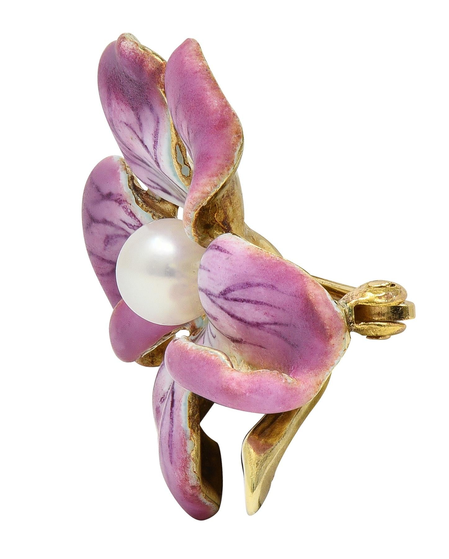Art Nouveau Painted Enamel Pearl 14 Karat Yellow Gold Antique Flower Brooch