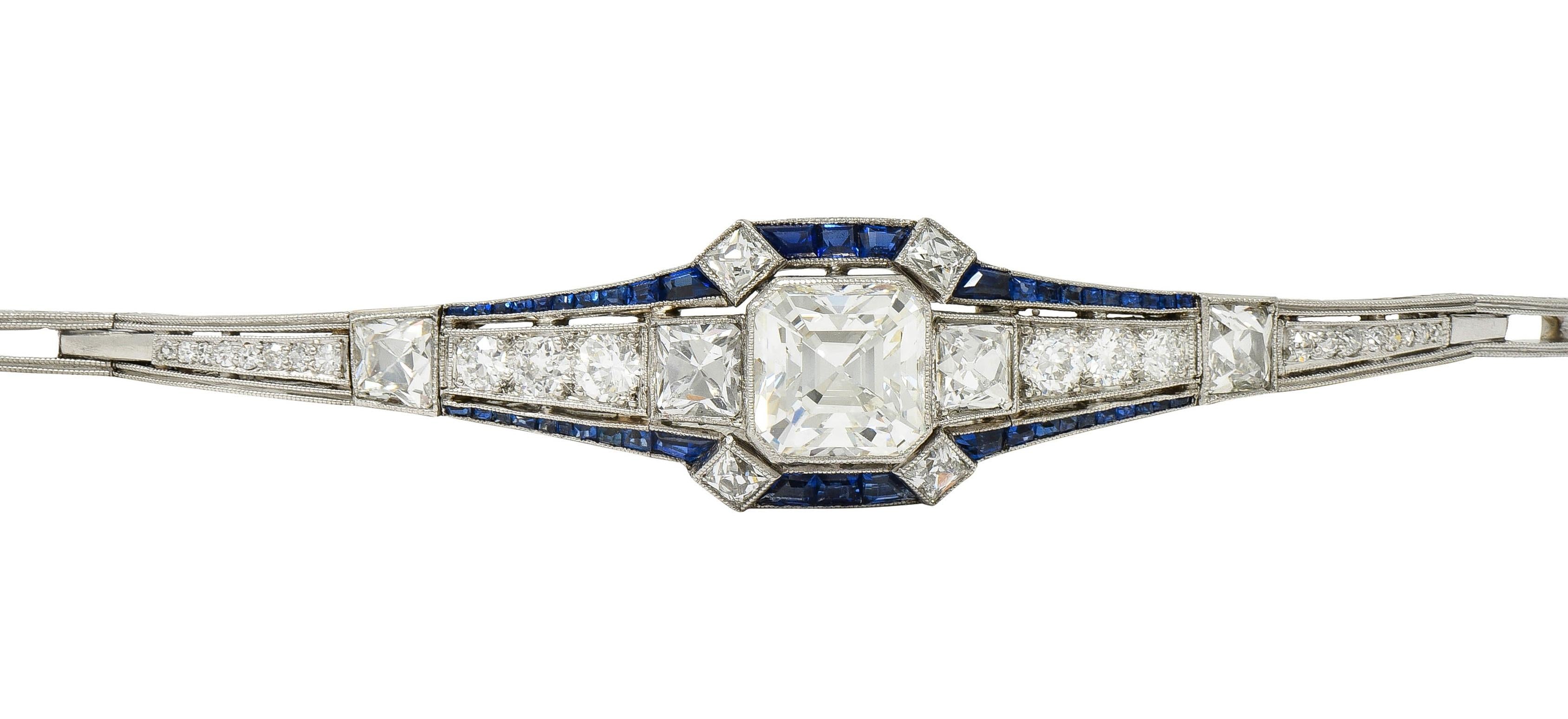 Art Deco 7.32 CTW Asscher Diamond Sapphire Platinum Vintage Panel Line Bracelet