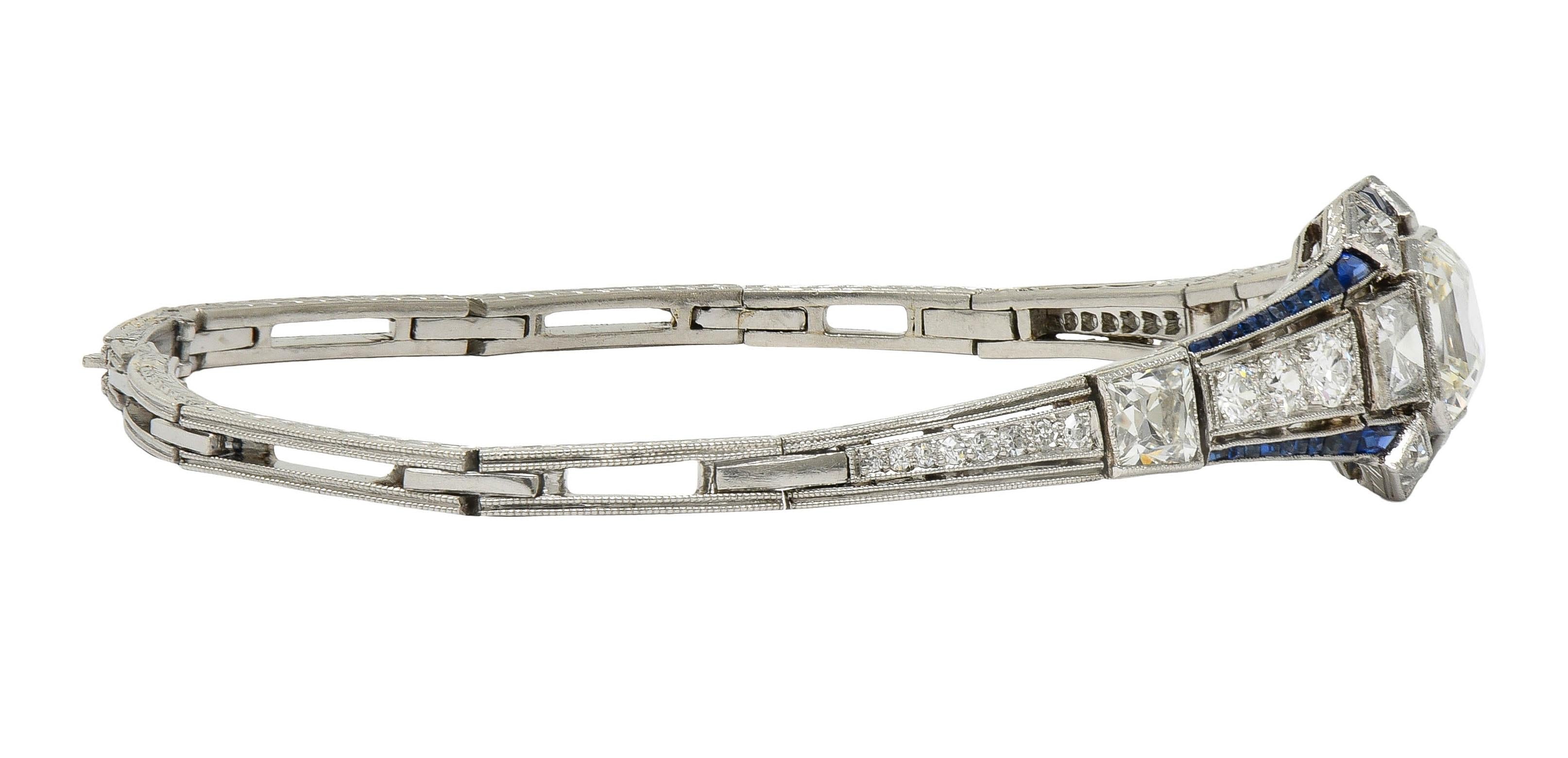 Art Deco 7.32 CTW Asscher Diamond Sapphire Platinum Vintage Panel Line Bracelet