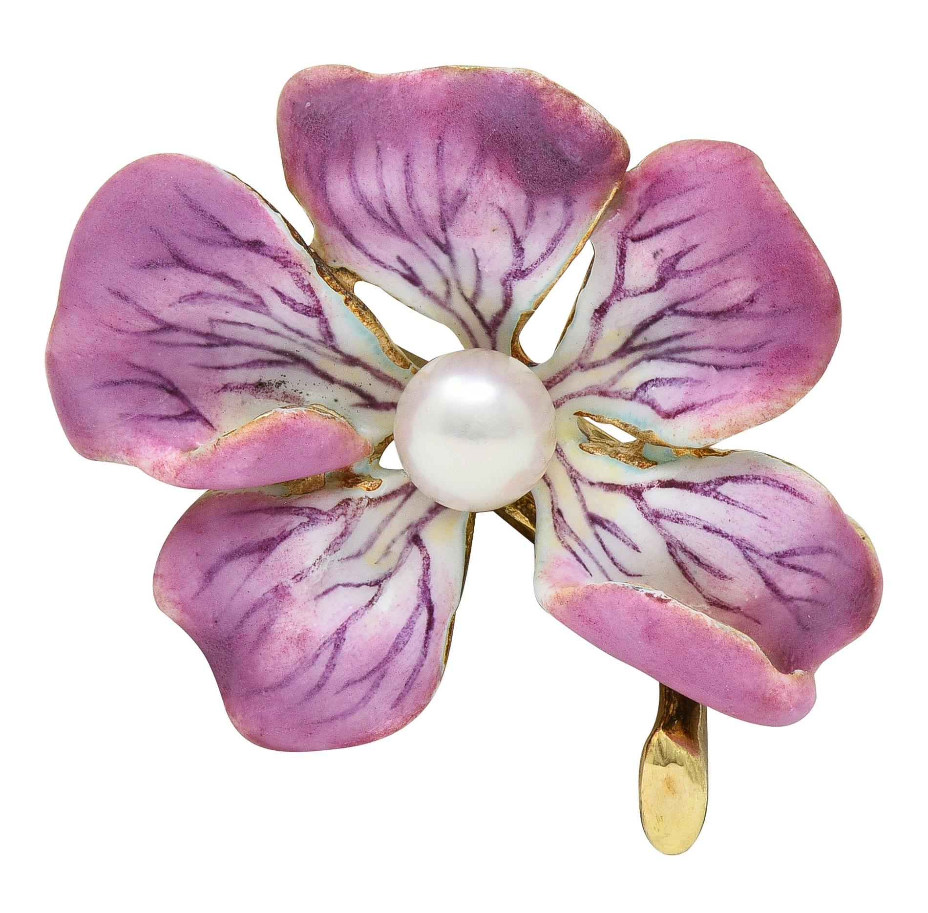 Art Nouveau Painted Enamel Pearl 14 Karat Yellow Gold Antique Flower Brooch