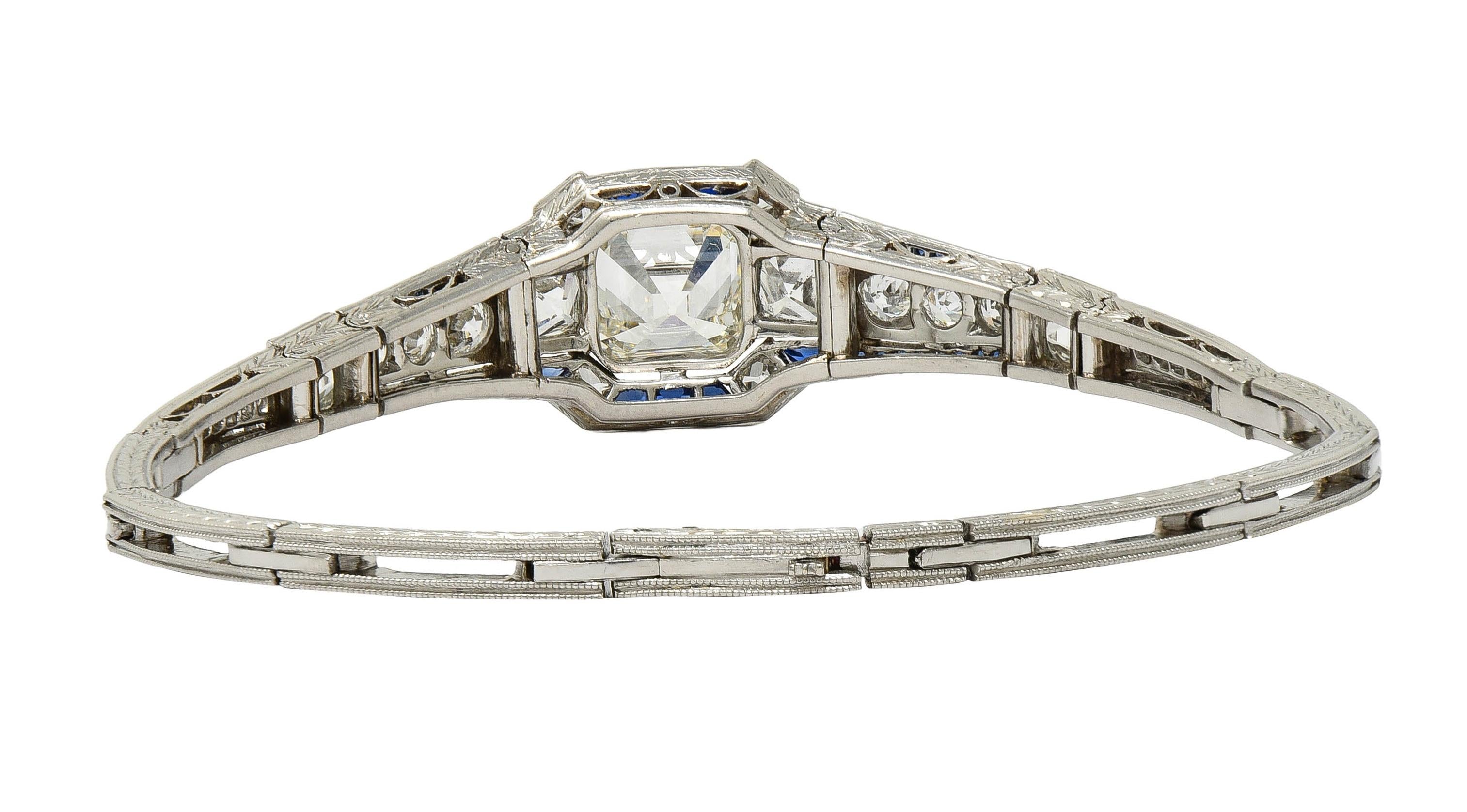 Art Deco 7.32 CTW Asscher Diamond Sapphire Platinum Vintage Panel Line Bracelet