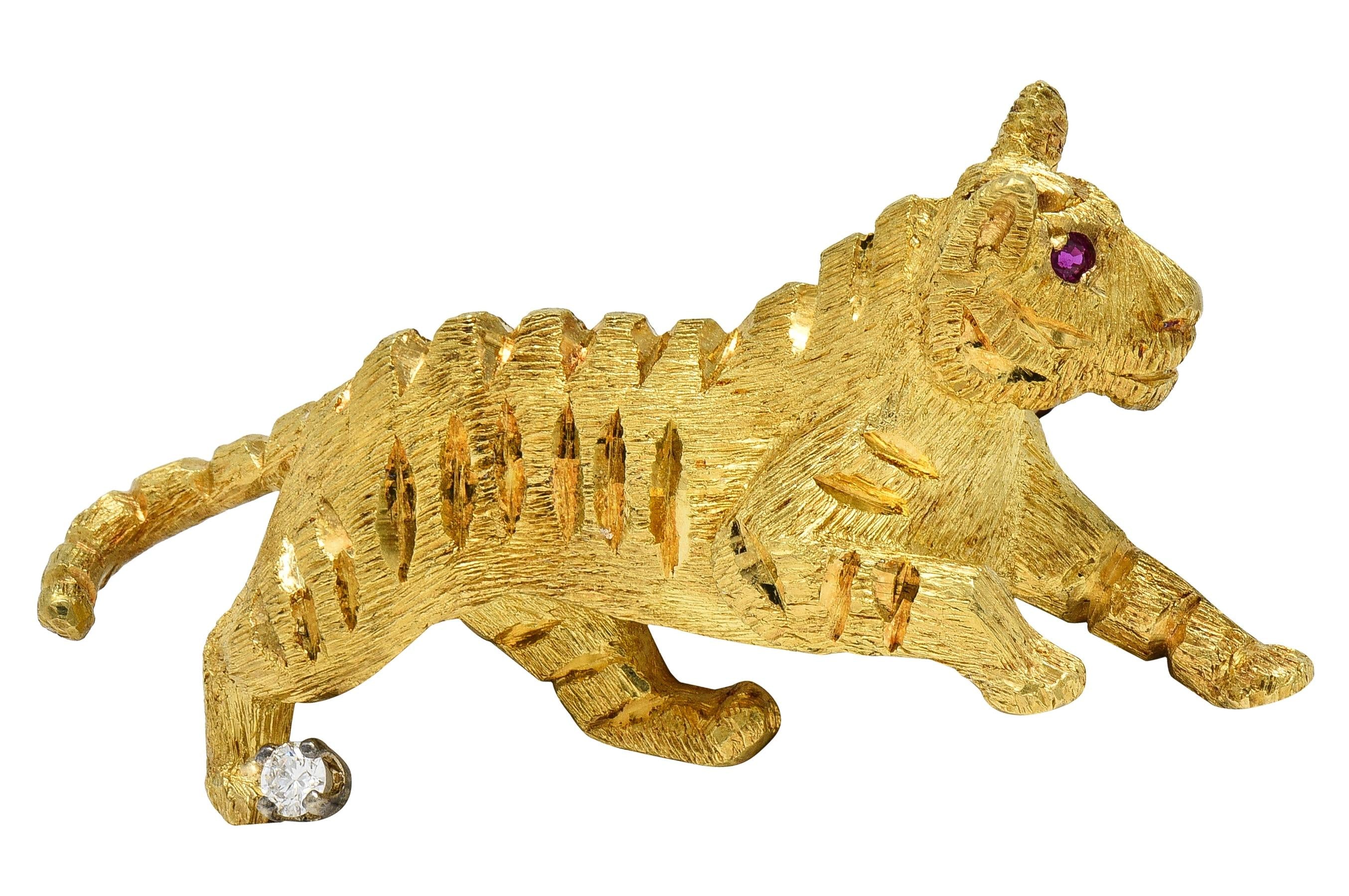Black Starr & Frost Diamond Ruby 18 Karat Yellow Gold Vintage Tiger Brooch