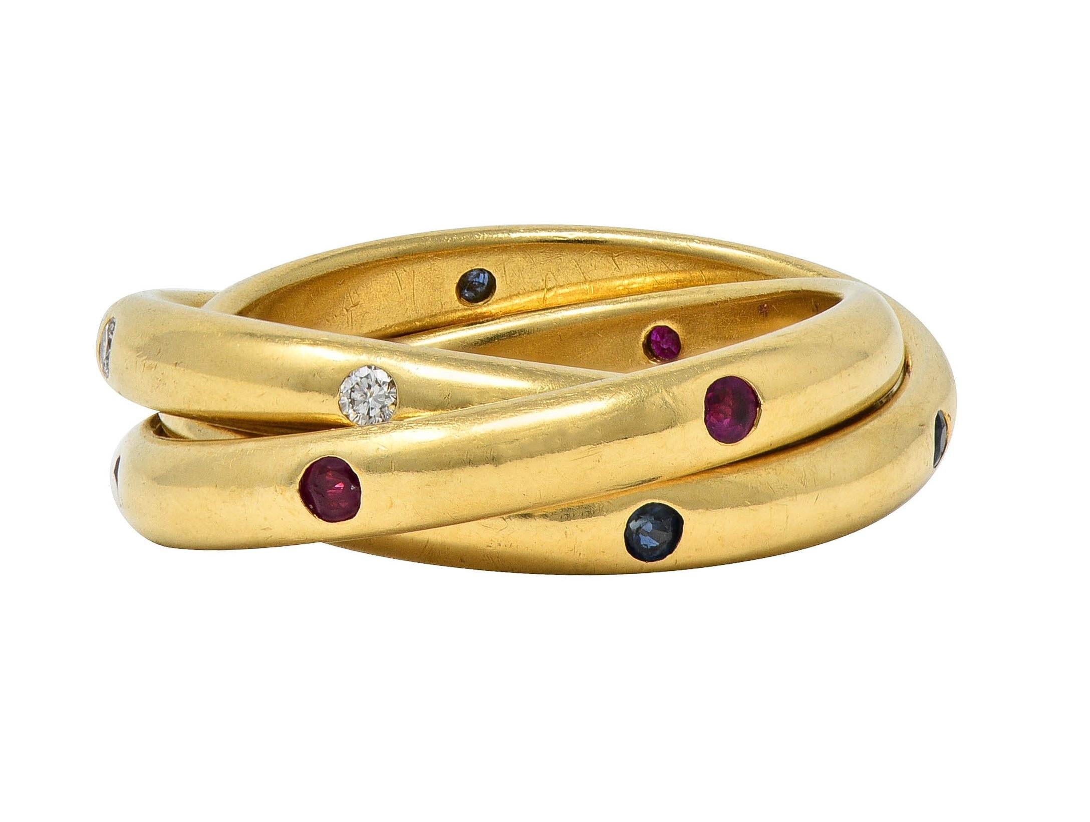 Cartier 1995 French Diamond Sapphire Ruby 18K Gold Vintage Rolling Band Ring