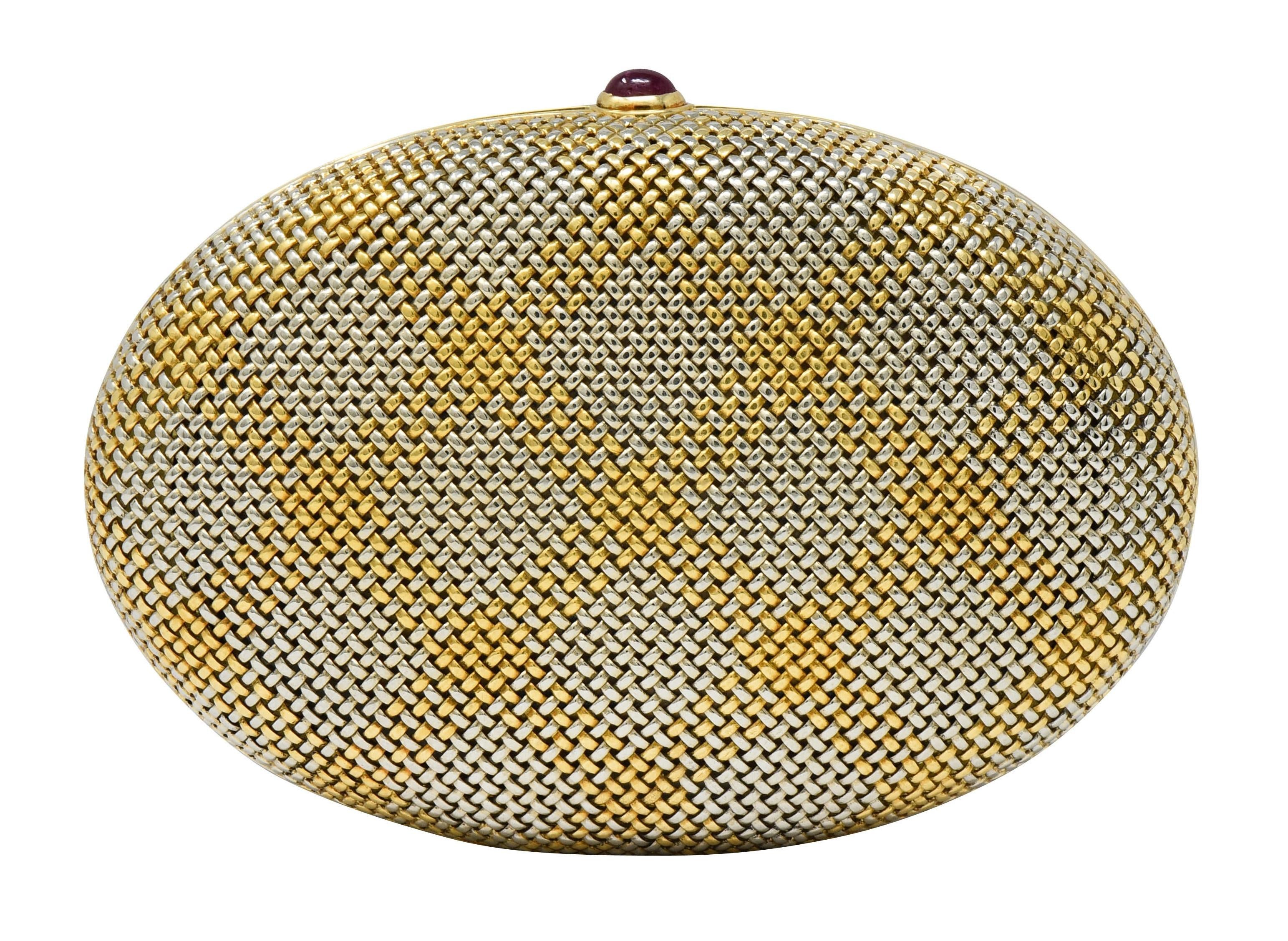 Bulgari 1960's Ruby 18 Karat Two-Tone Gold Vintage Gingham Mesh Mirror Compact