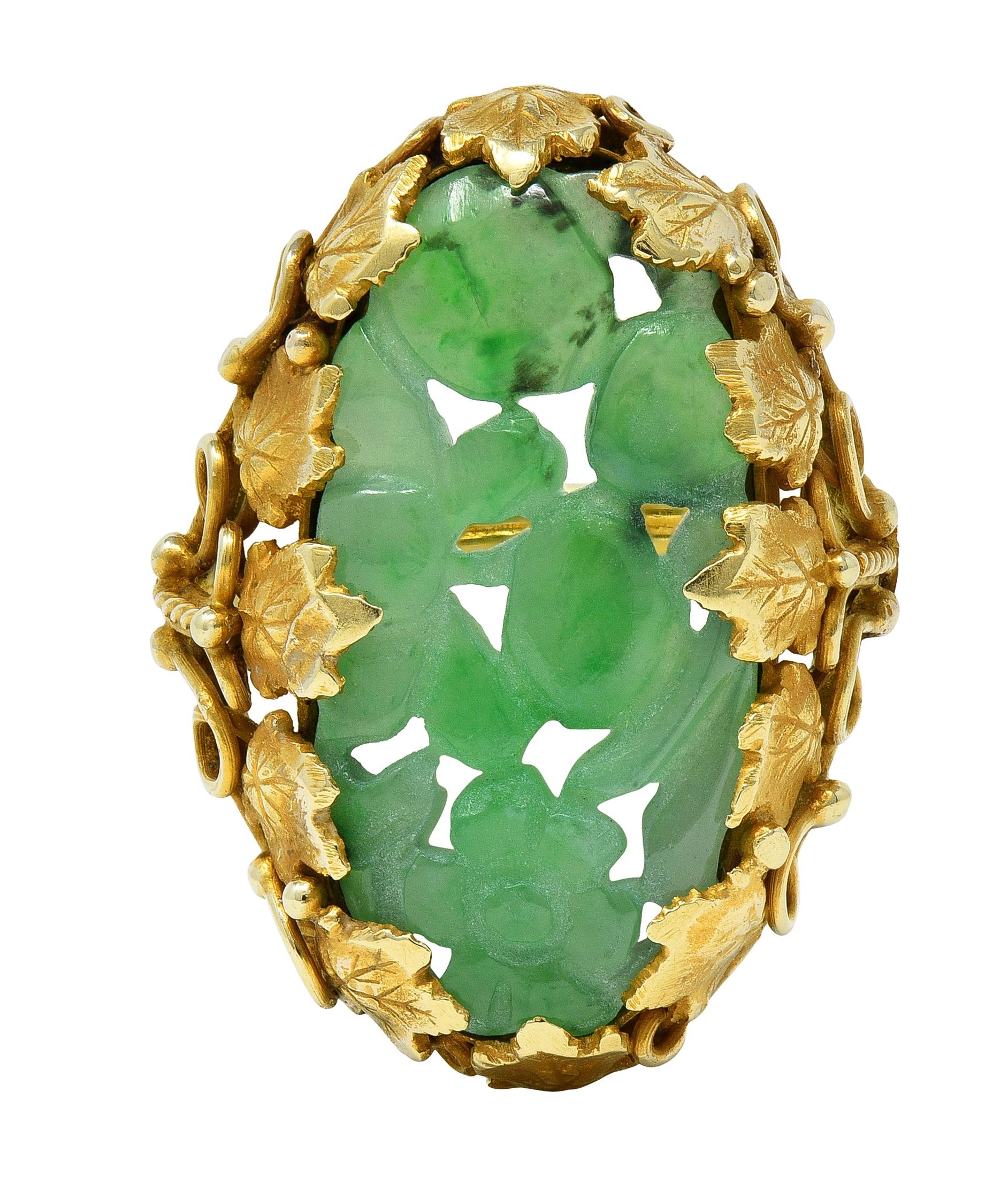 Arts & Crafts Jade 14 Karat Yellow Gold Antique Ivy Fruit Flower Signet Ring