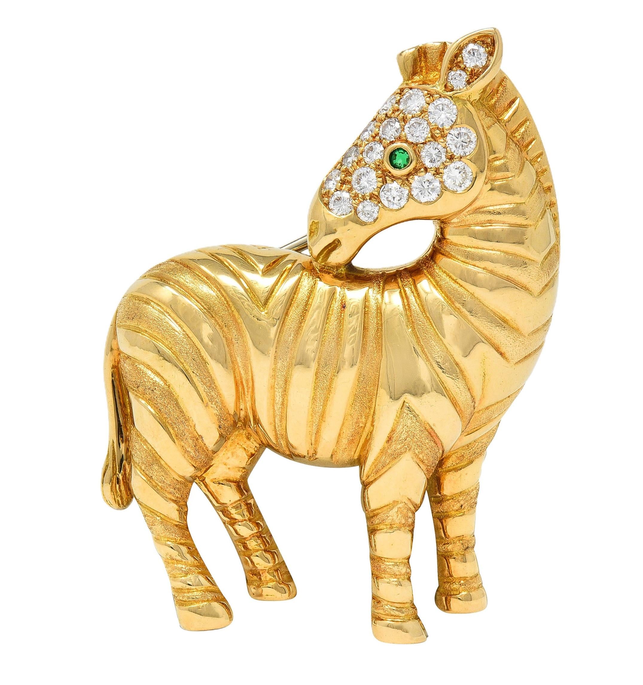 Tiffany & Co. French 1980s Emerald Diamond 18K Yellow Gold Vintage Zebra Brooch