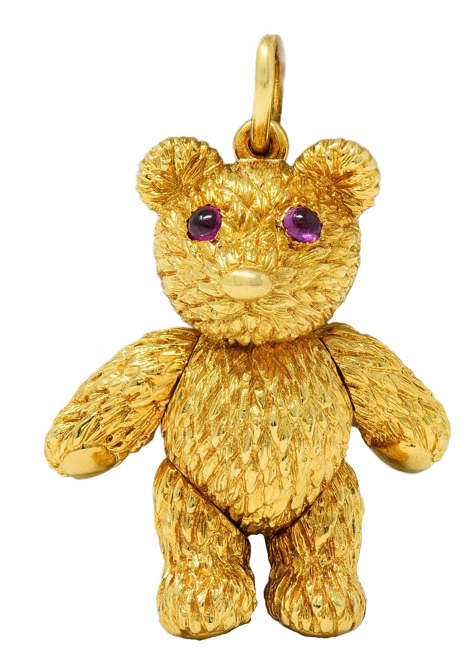 Robert Beilka Ruby 18K Yellow Gold Vintage Articulating Teddy Bear Pendant Charm