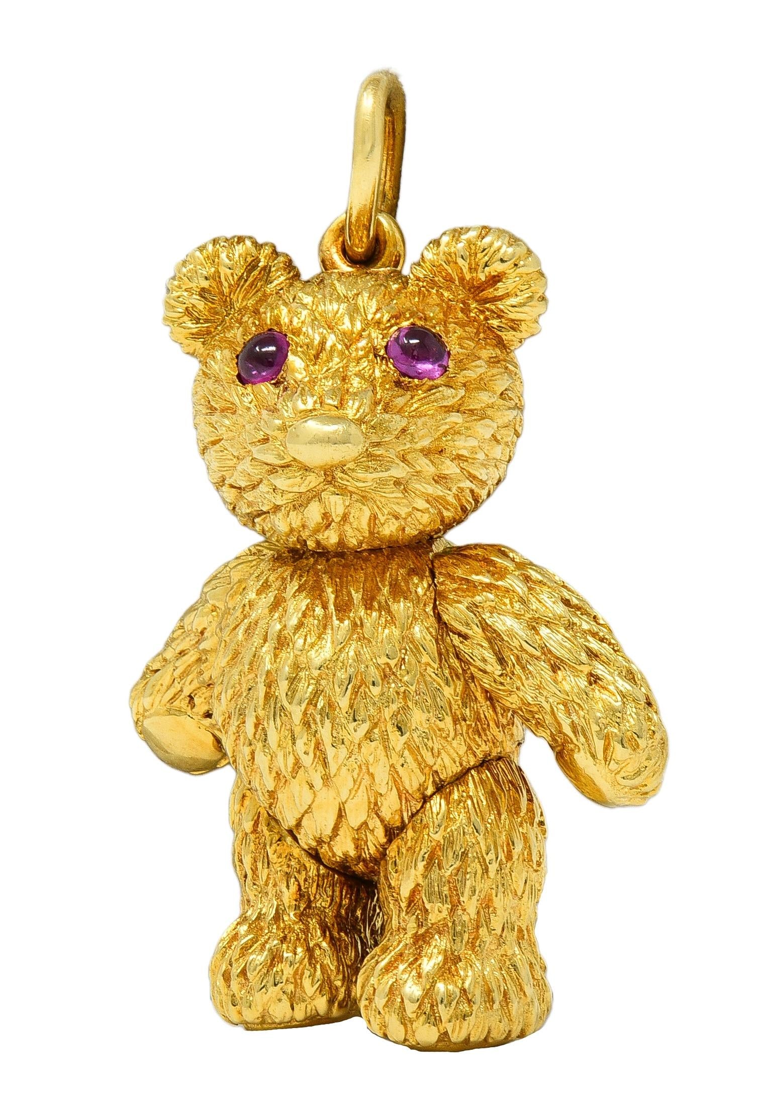Robert Beilka Ruby 18K Yellow Gold Vintage Articulating Teddy Bear Pendant Charm