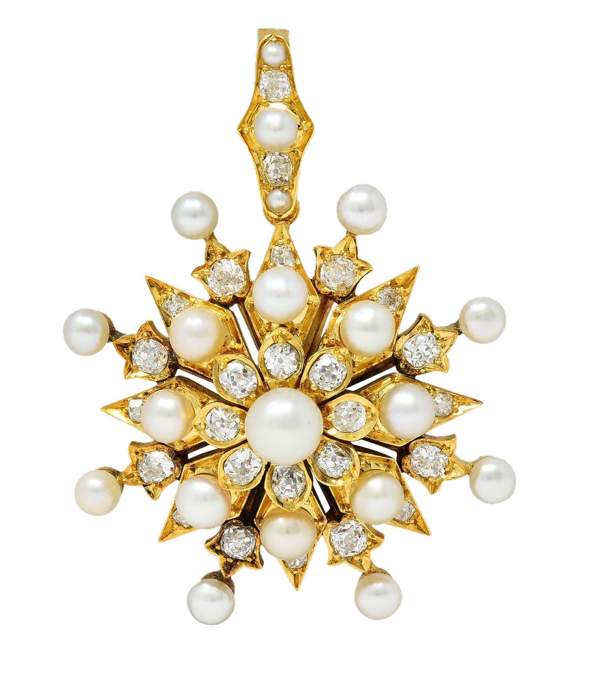 Victorian Diamond Natural Pearl 18K Yellow Gold Antique Starburst Pendant