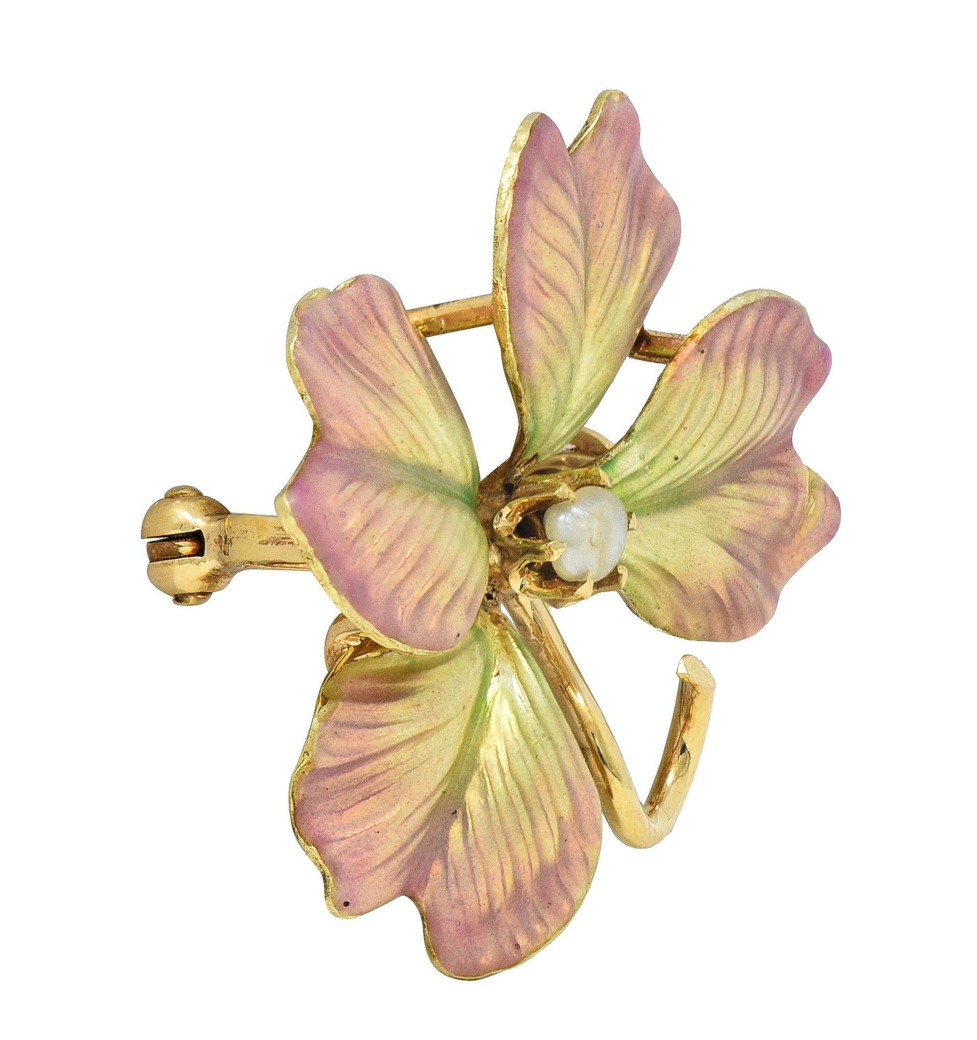 Art Nouveau Pearl Enamel 14 Karat Yellow Gold Antique Clover Brooch