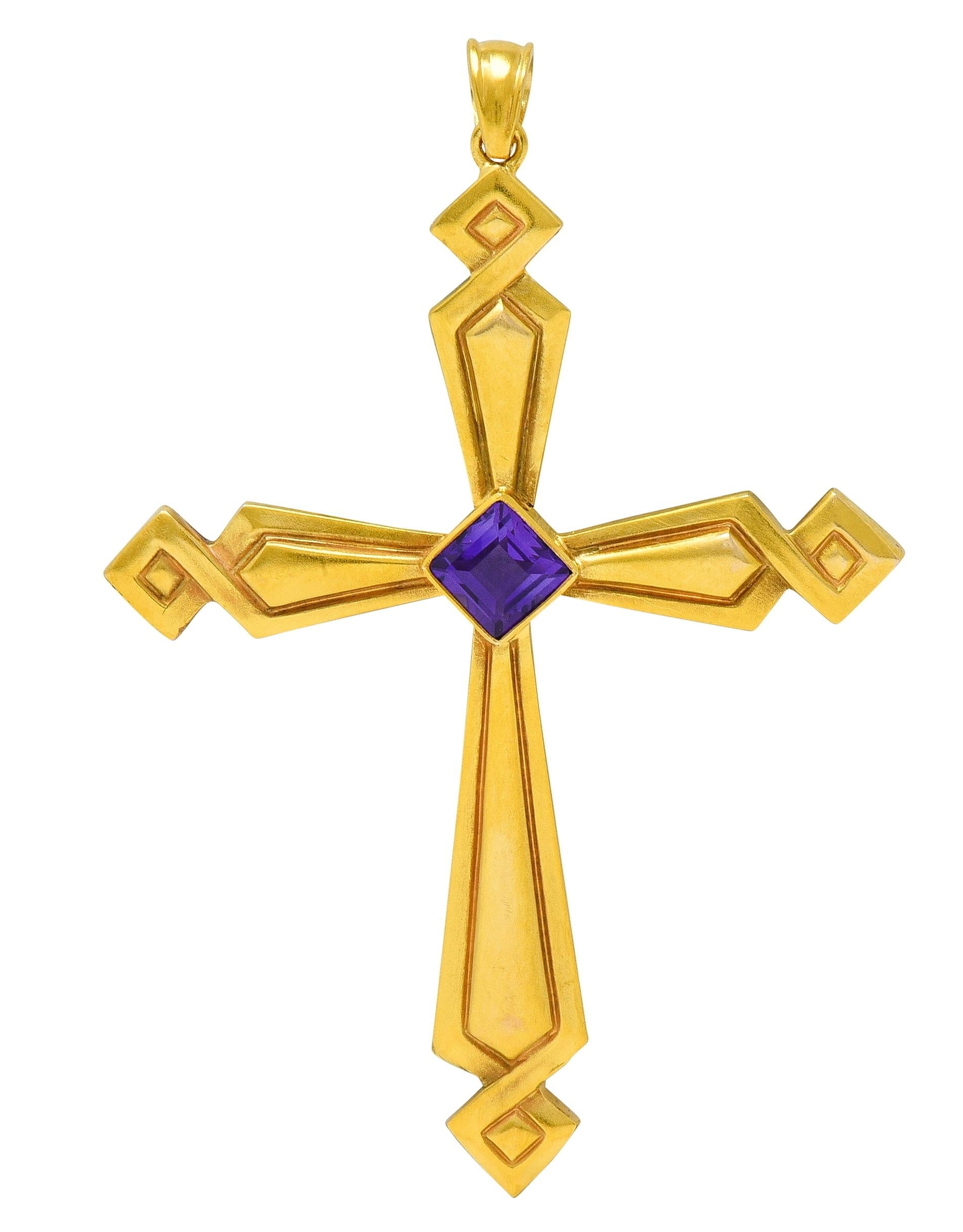 Victorian Amethyst 14 Karat Yellow Gold Antique Geometric Cross Pendant