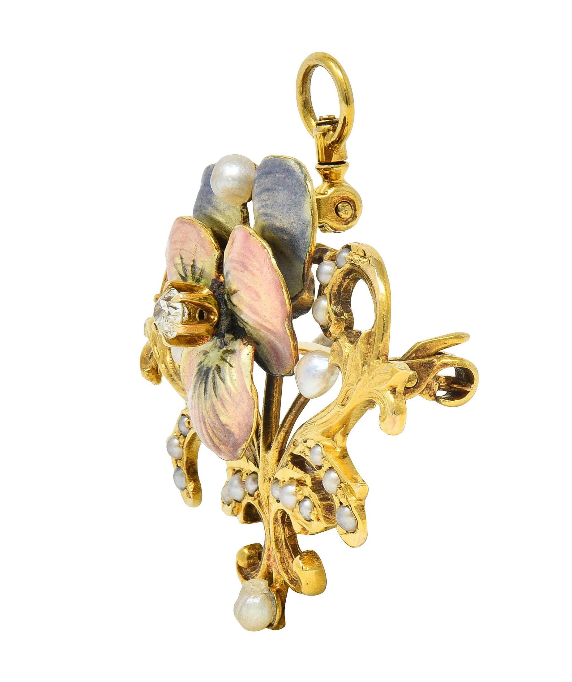 Art Nouveau Diamond Pearl Enamel 14K Yellow Gold Antique Flower Pendant Brooch