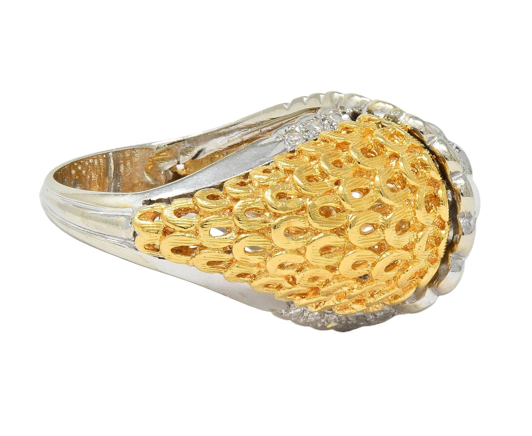 Mid-Century 0.66 CTW Diamond 18 Karat Two-Tone Gold Vintage Domed Cocktail Ring