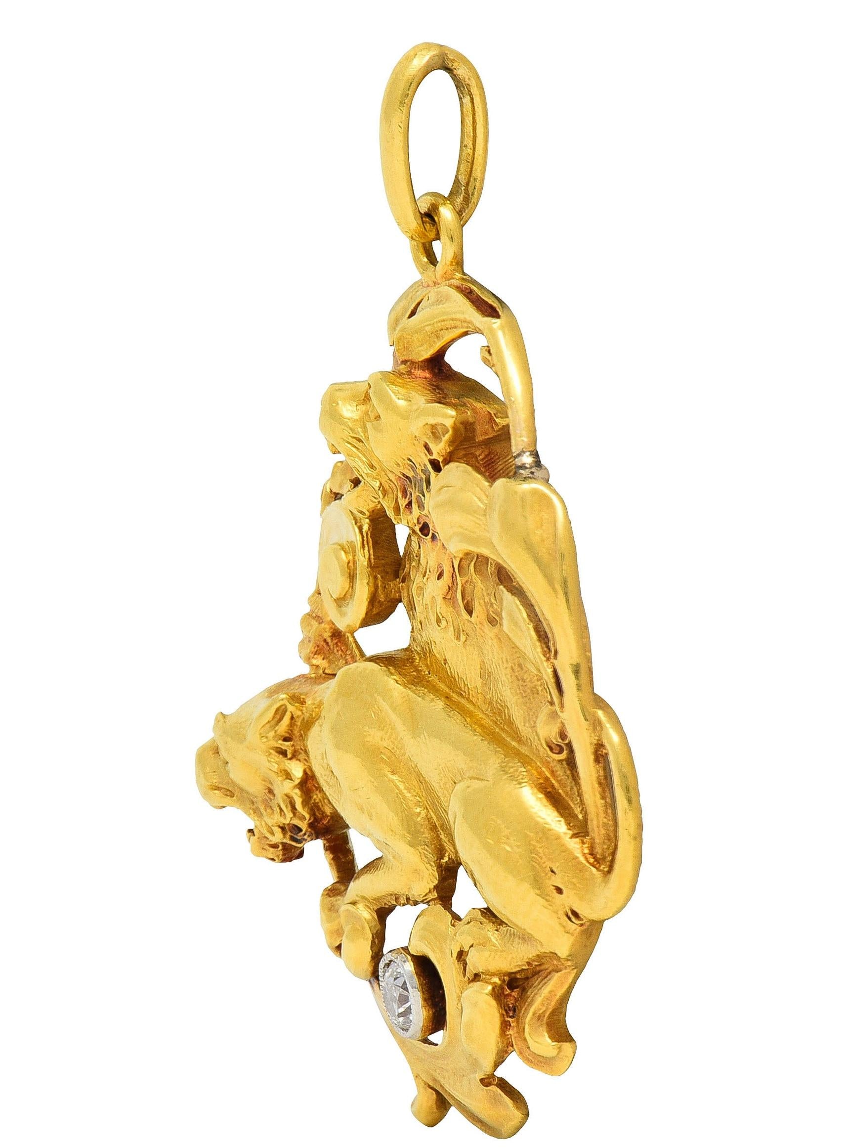 Art Nouveau Diamond Platinum 18 Karat Yellow Gold Antique Lion Pendant