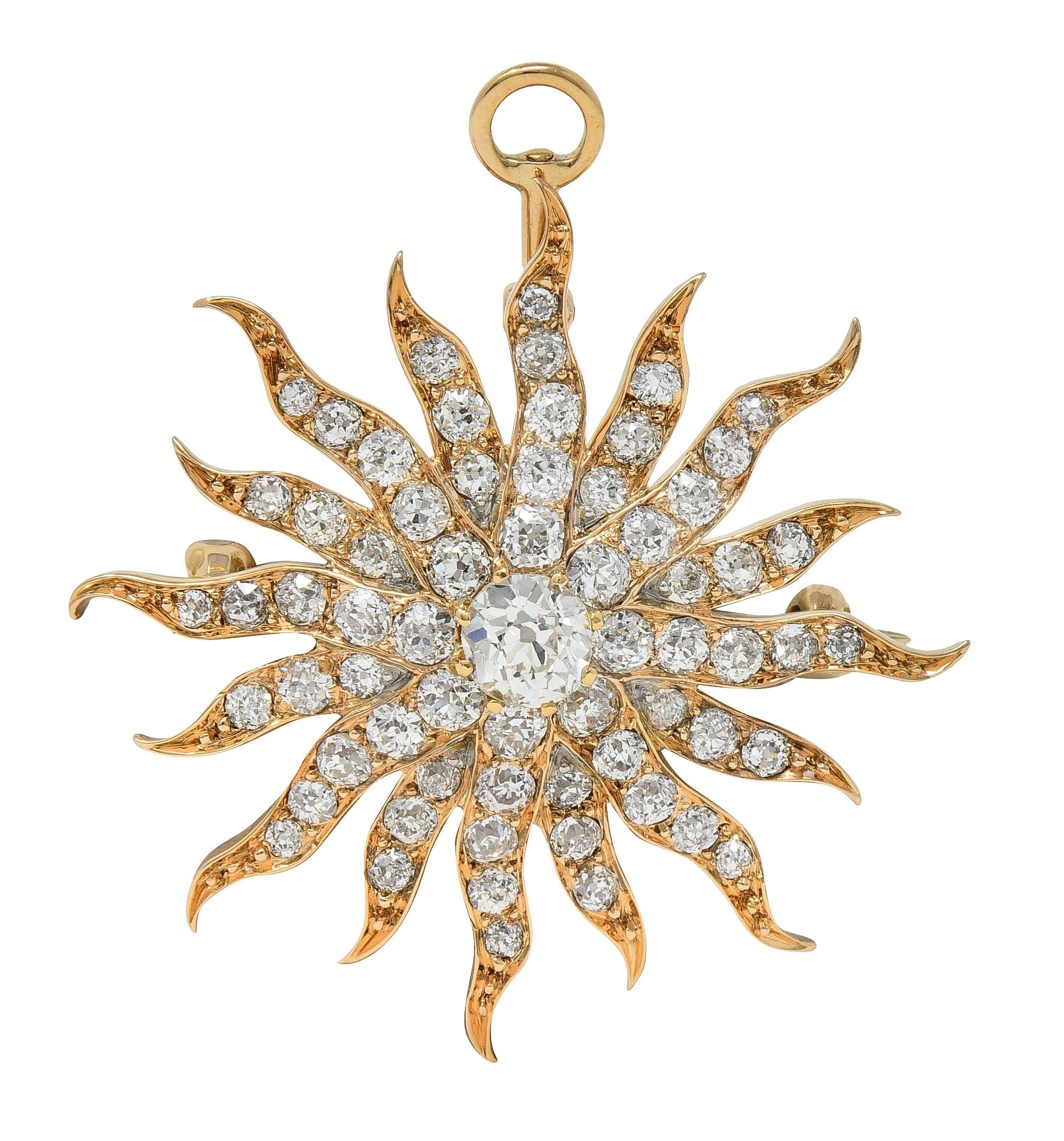 Victorian 3.80 CTW Diamond 14 Karat Yellow Gold Antique Starburst Pendant Brooch