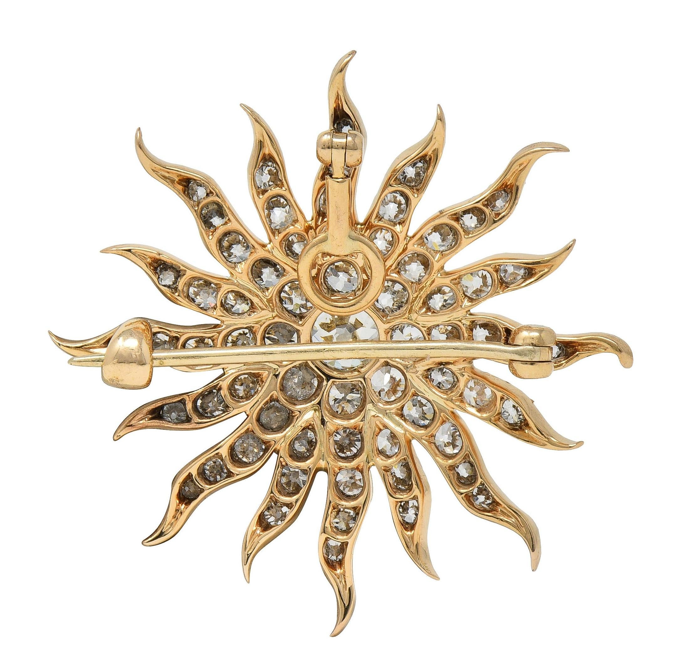 Victorian 3.80 CTW Diamond 14 Karat Yellow Gold Antique Starburst Pendant Brooch