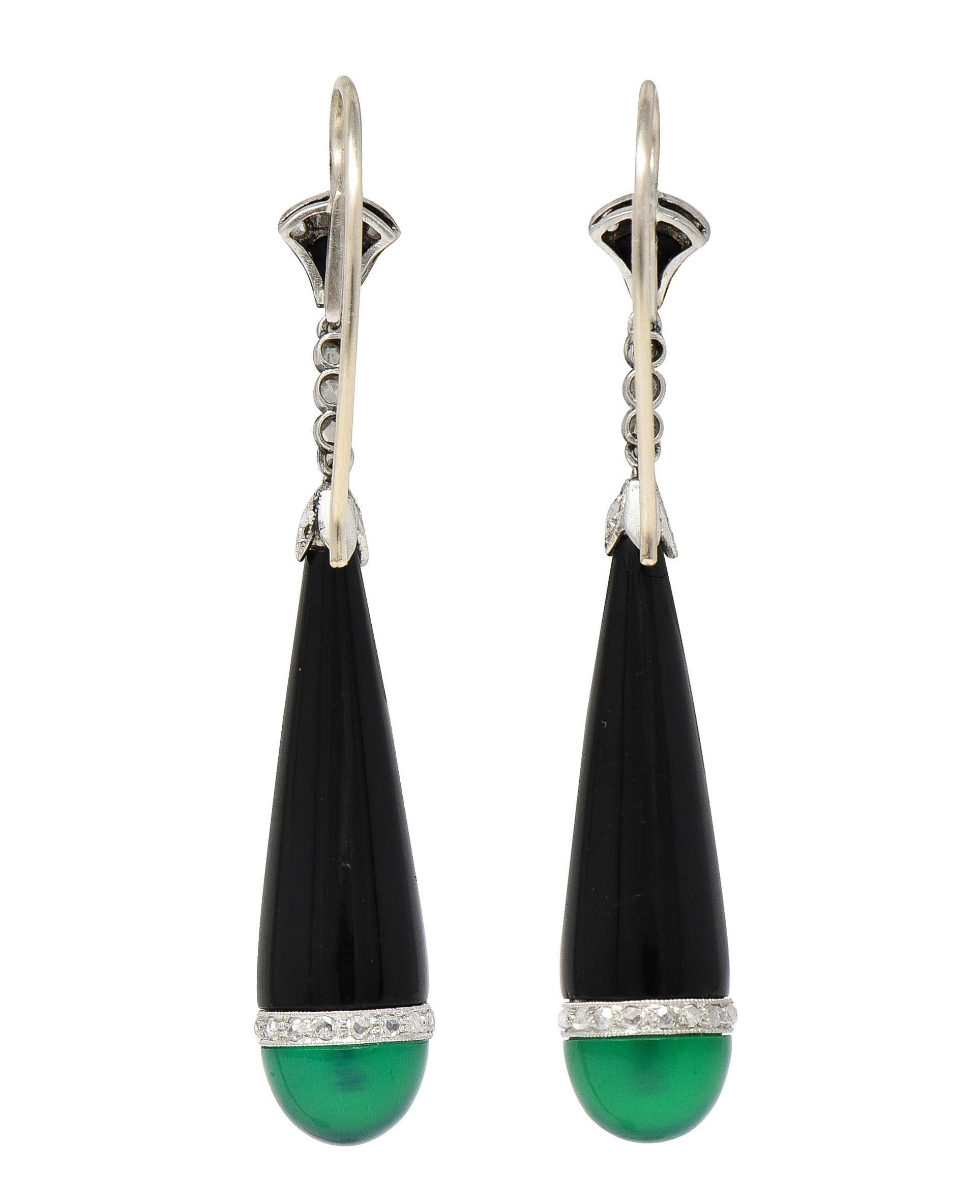 Art Deco Diamond Chrysoprase Onyx Platinum Lotus Antique Drop Earrings