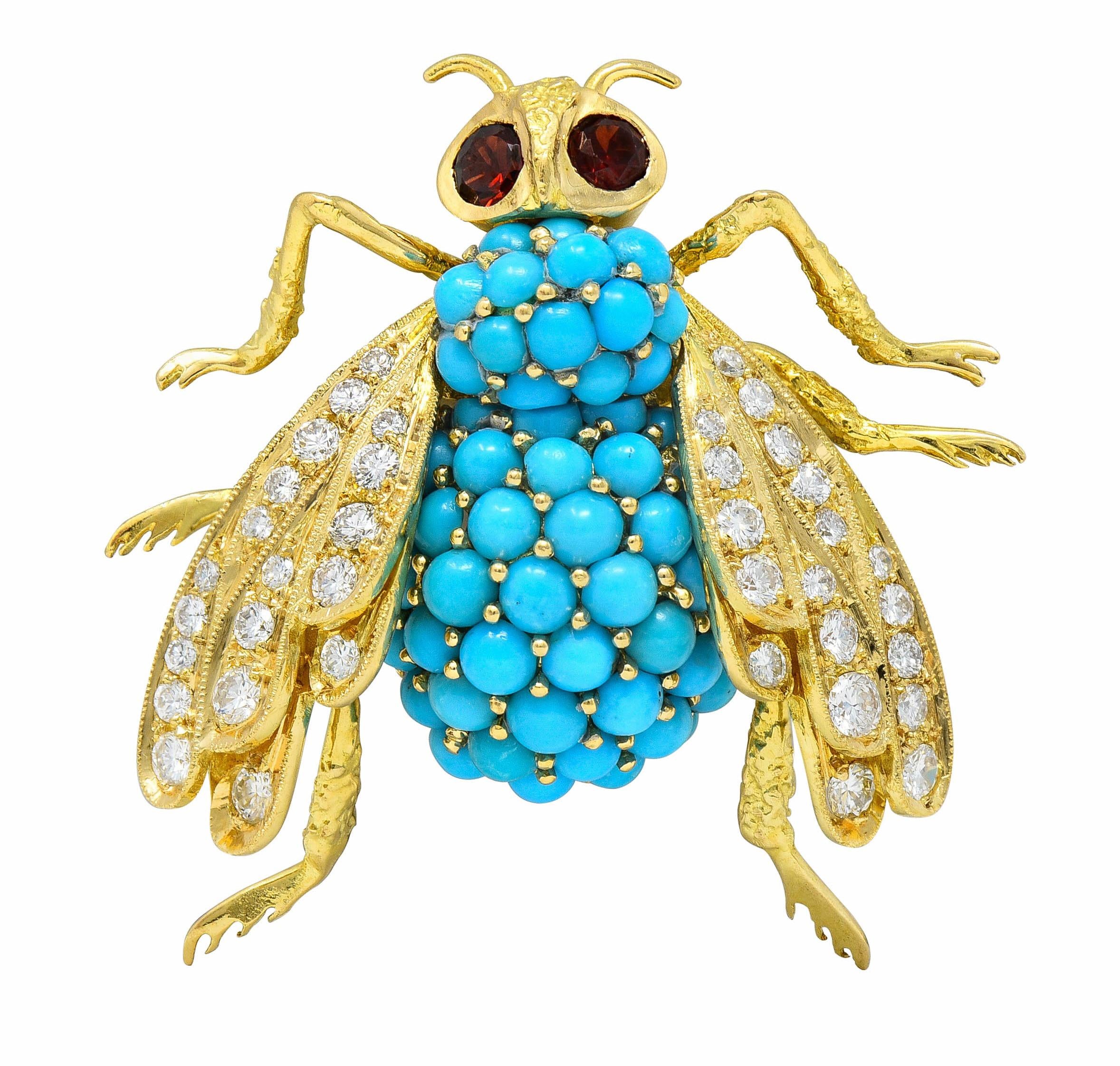 French 1960's 1.30 CTW Diamond Garnet Turquoise 18K Gold Vintage Bee Brooch