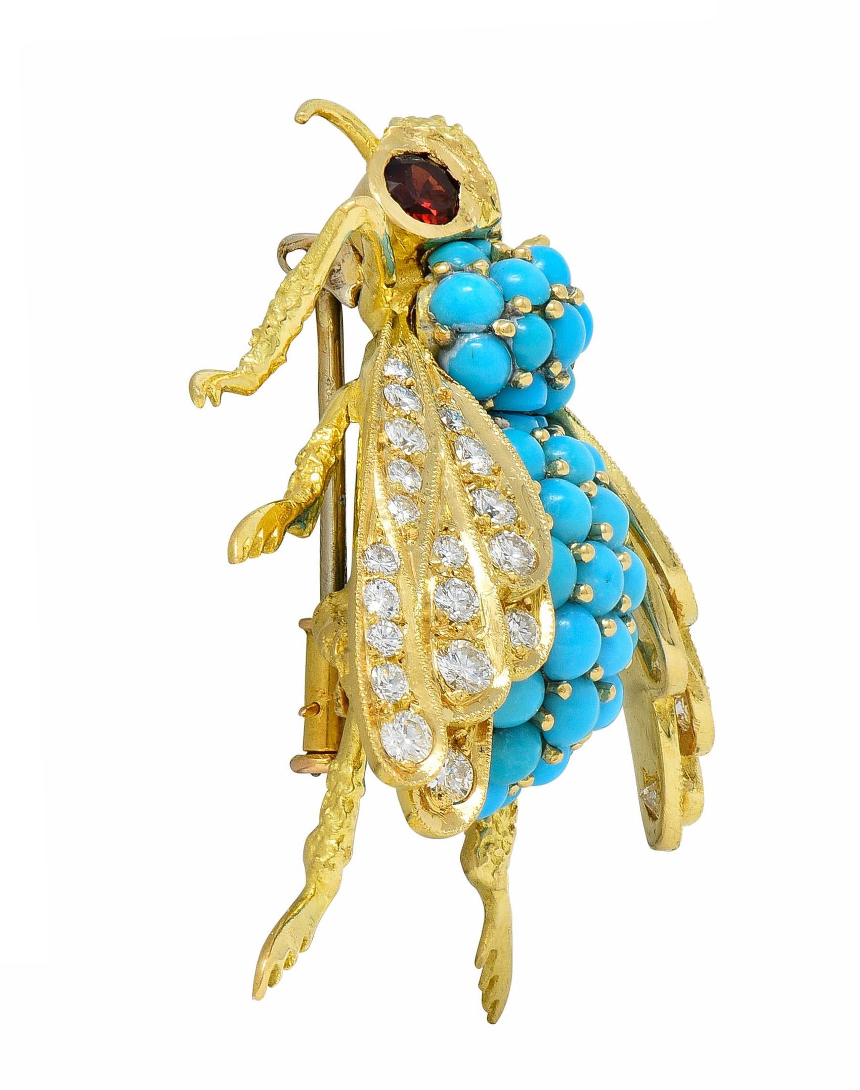 French 1960's 1.30 CTW Diamond Garnet Turquoise 18K Gold Vintage Bee Brooch