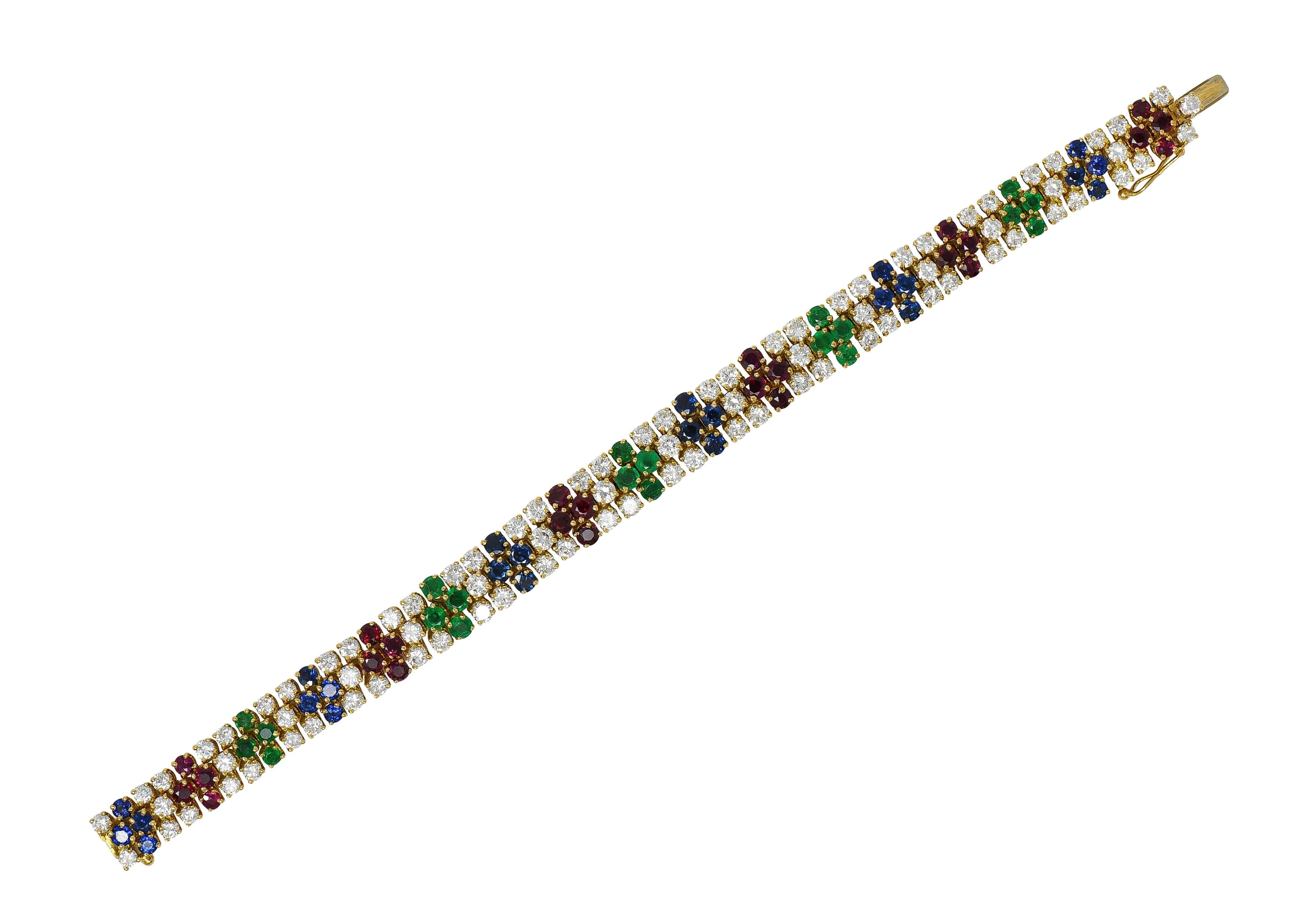 Fred French 1960's 17.70 CTW Diamond Multi-Gem 18K Gold Vintage Line Bracelet