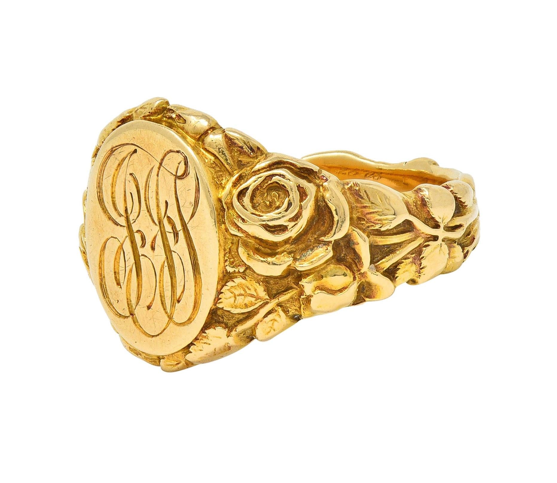 Art Nouveau Jones & Woodland 14 Karat Yellow Gold Antique Rose Signet Ring