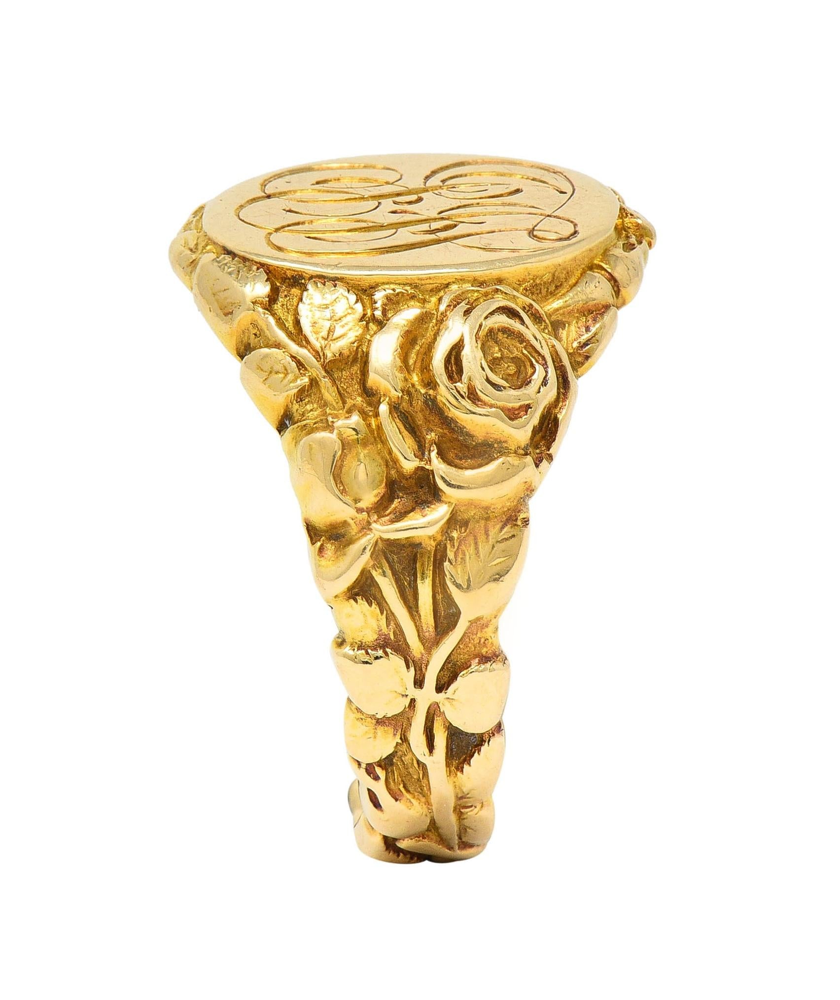 Art Nouveau Jones & Woodland 14 Karat Yellow Gold Antique Rose Signet Ring