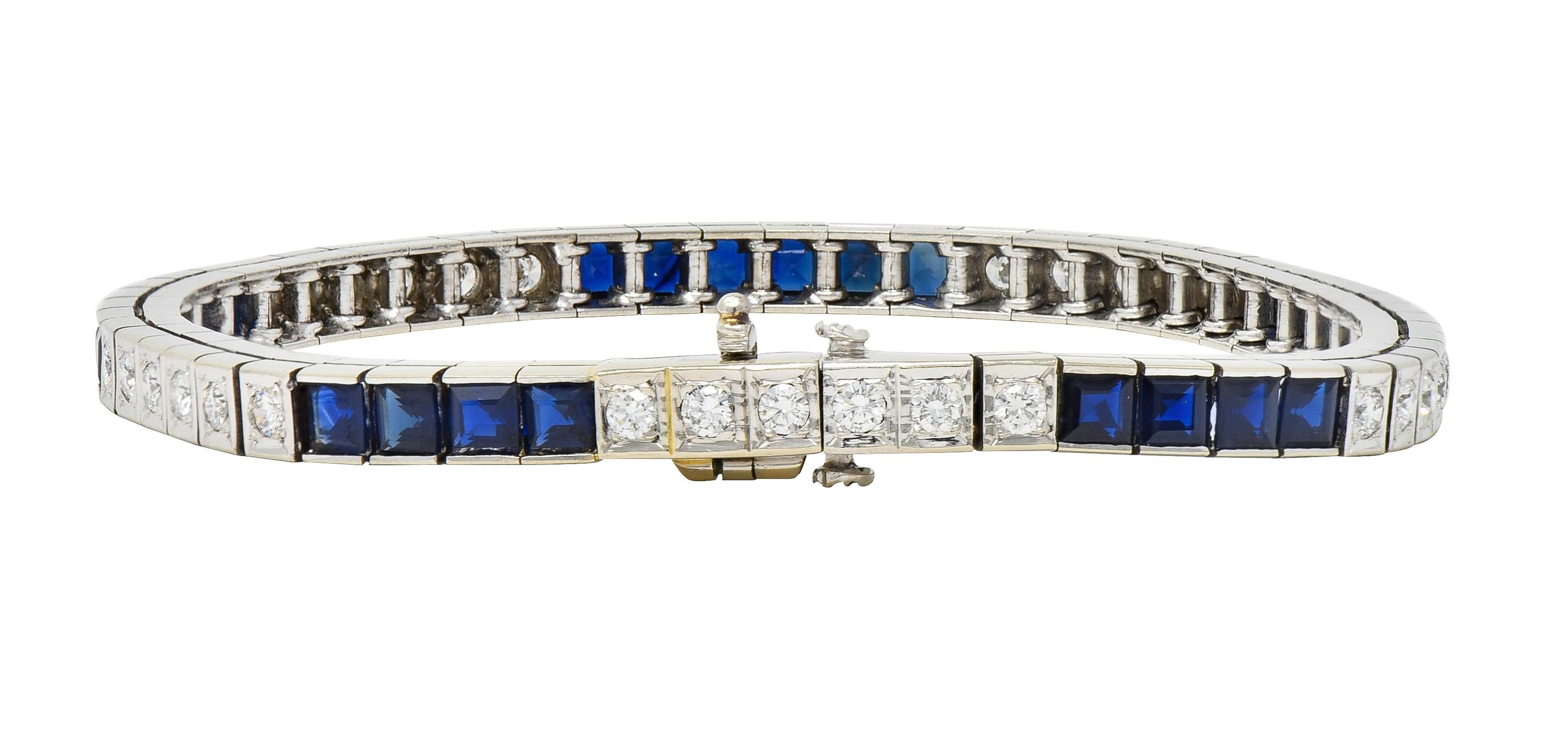 Mid-Century 7.00 CTW Diamond Sapphire 14 Karat White Gold Vintage Line Bracelet