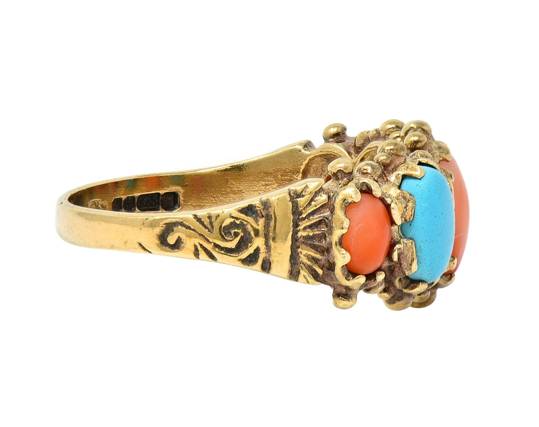 Vintage Brutalist Coral Turquoise 9 Karat Yellow Gold Five Stone Band Ring