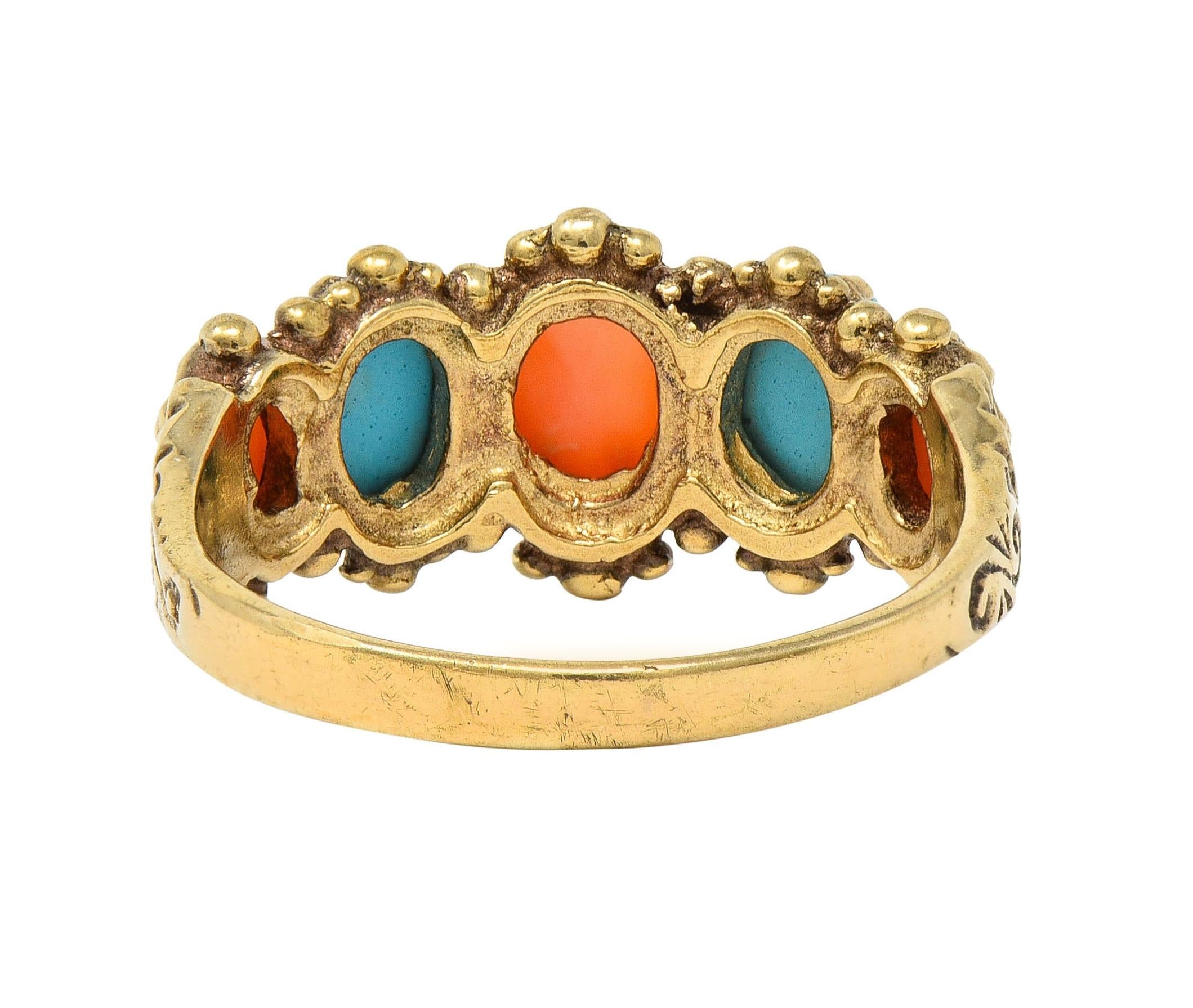 Vintage Brutalist Coral Turquoise 9 Karat Yellow Gold Five Stone Band Ring