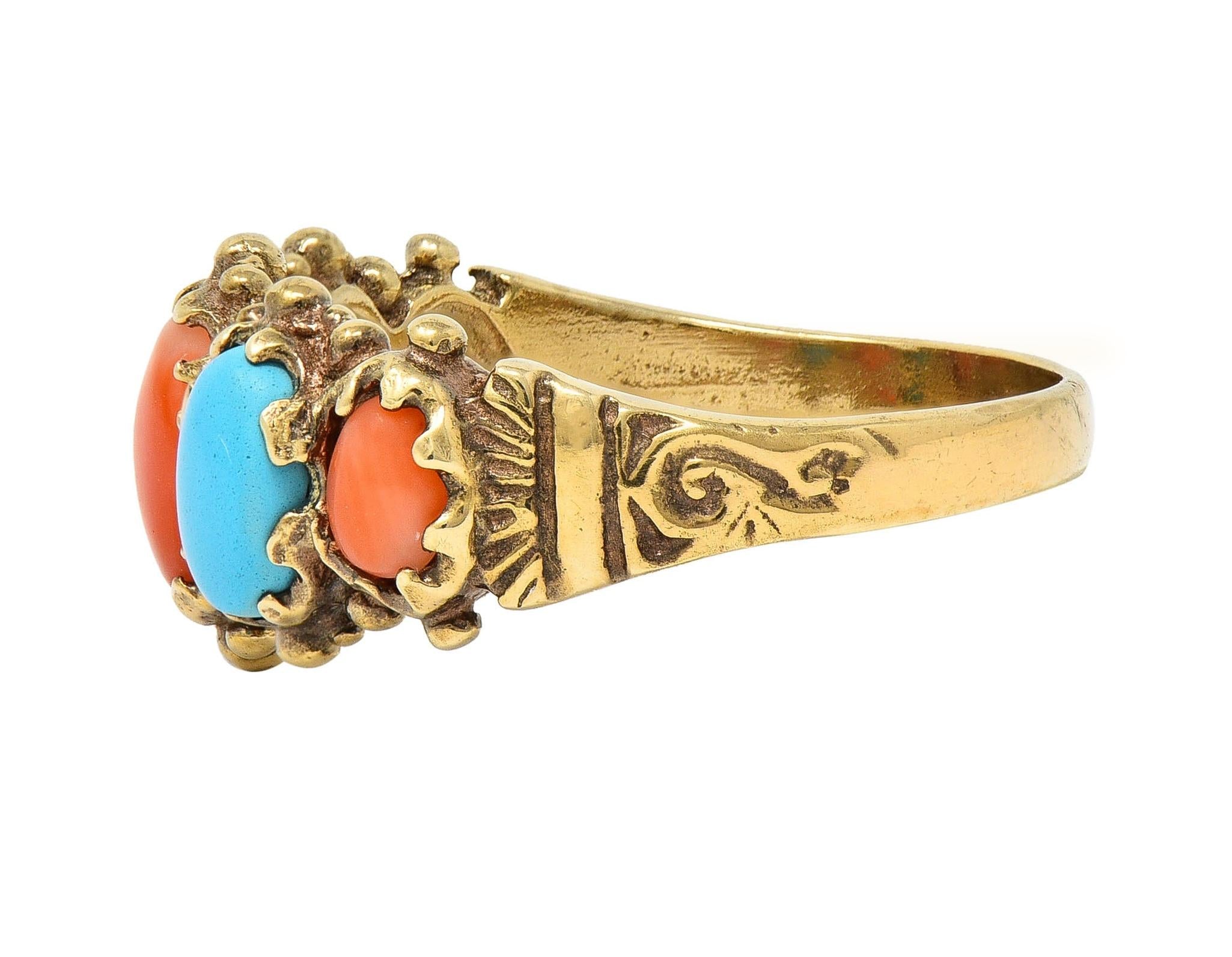 Vintage Brutalist Coral Turquoise 9 Karat Yellow Gold Five Stone Band Ring