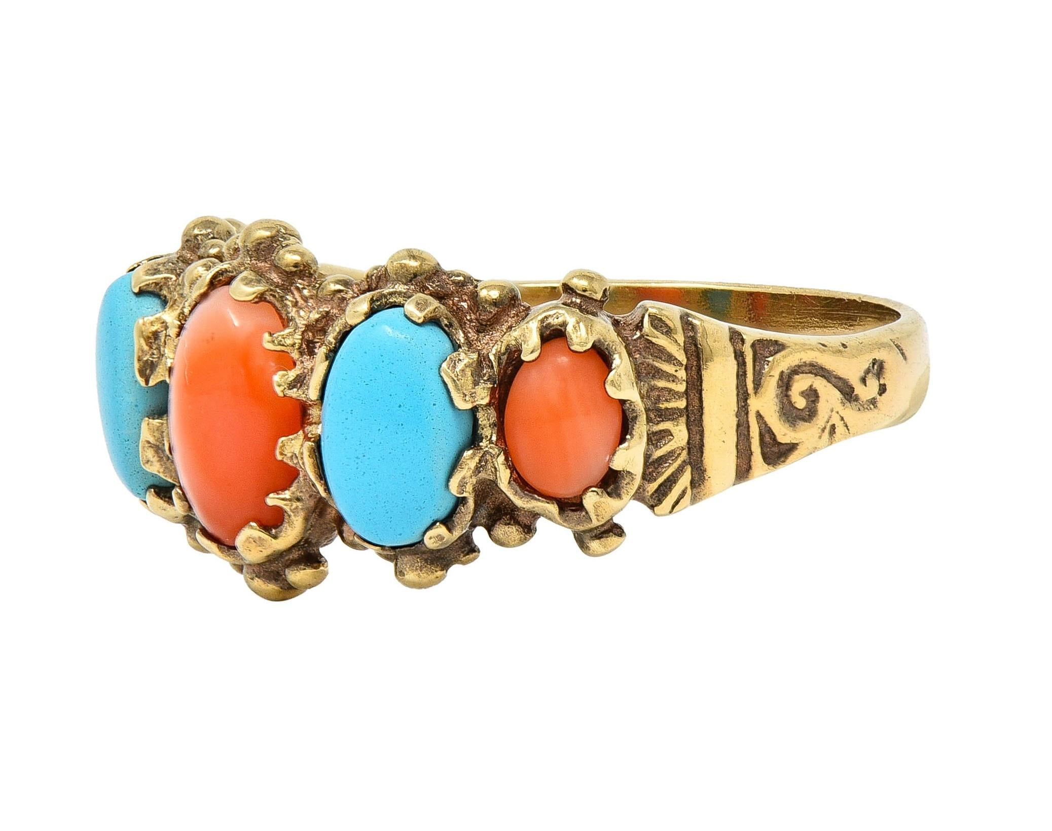 Vintage Brutalist Coral Turquoise 9 Karat Yellow Gold Five Stone Band Ring