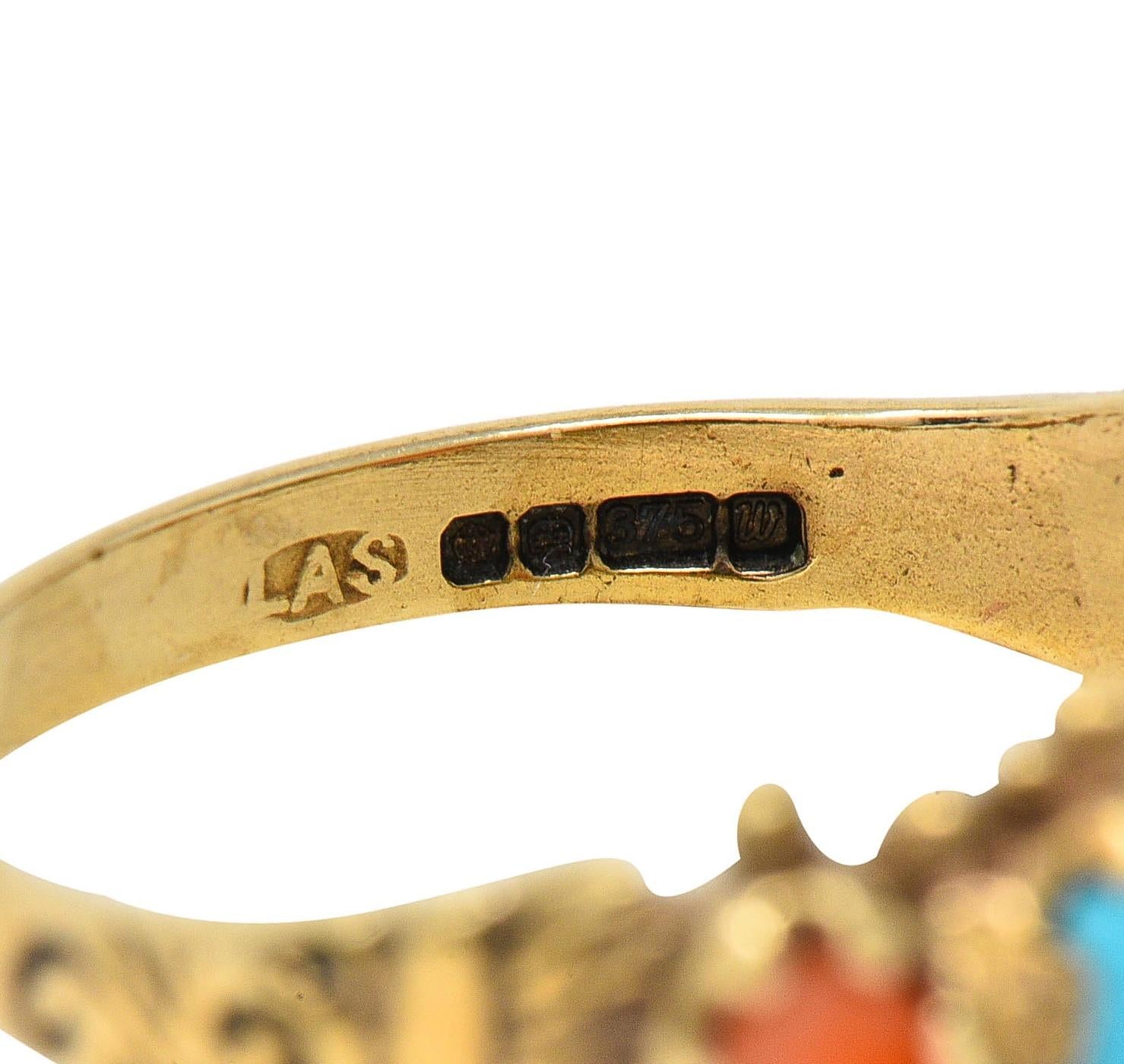 Vintage Brutalist Coral Turquoise 9 Karat Yellow Gold Five Stone Band Ring