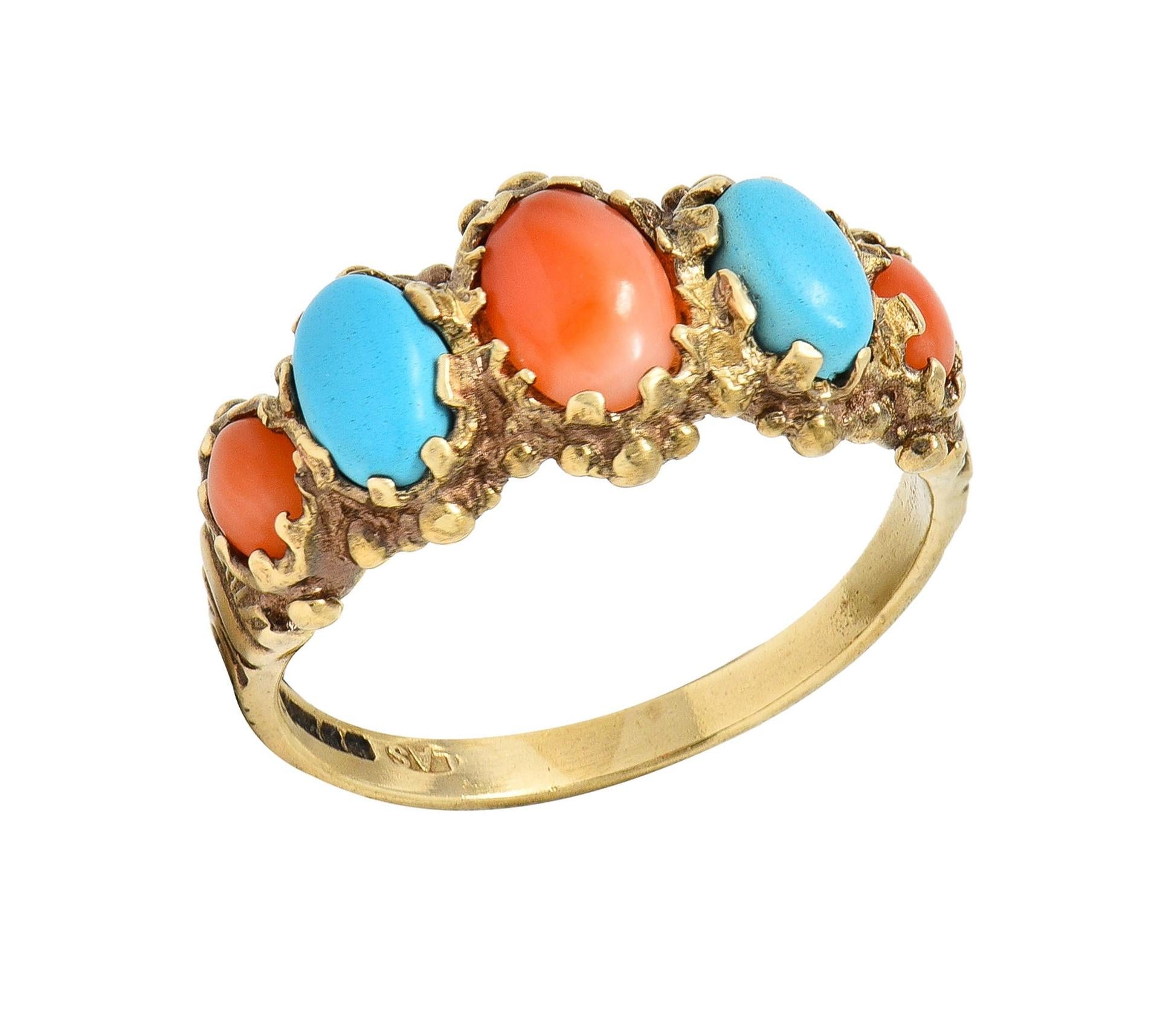 Vintage Brutalist Coral Turquoise 9 Karat Yellow Gold Five Stone Band Ring