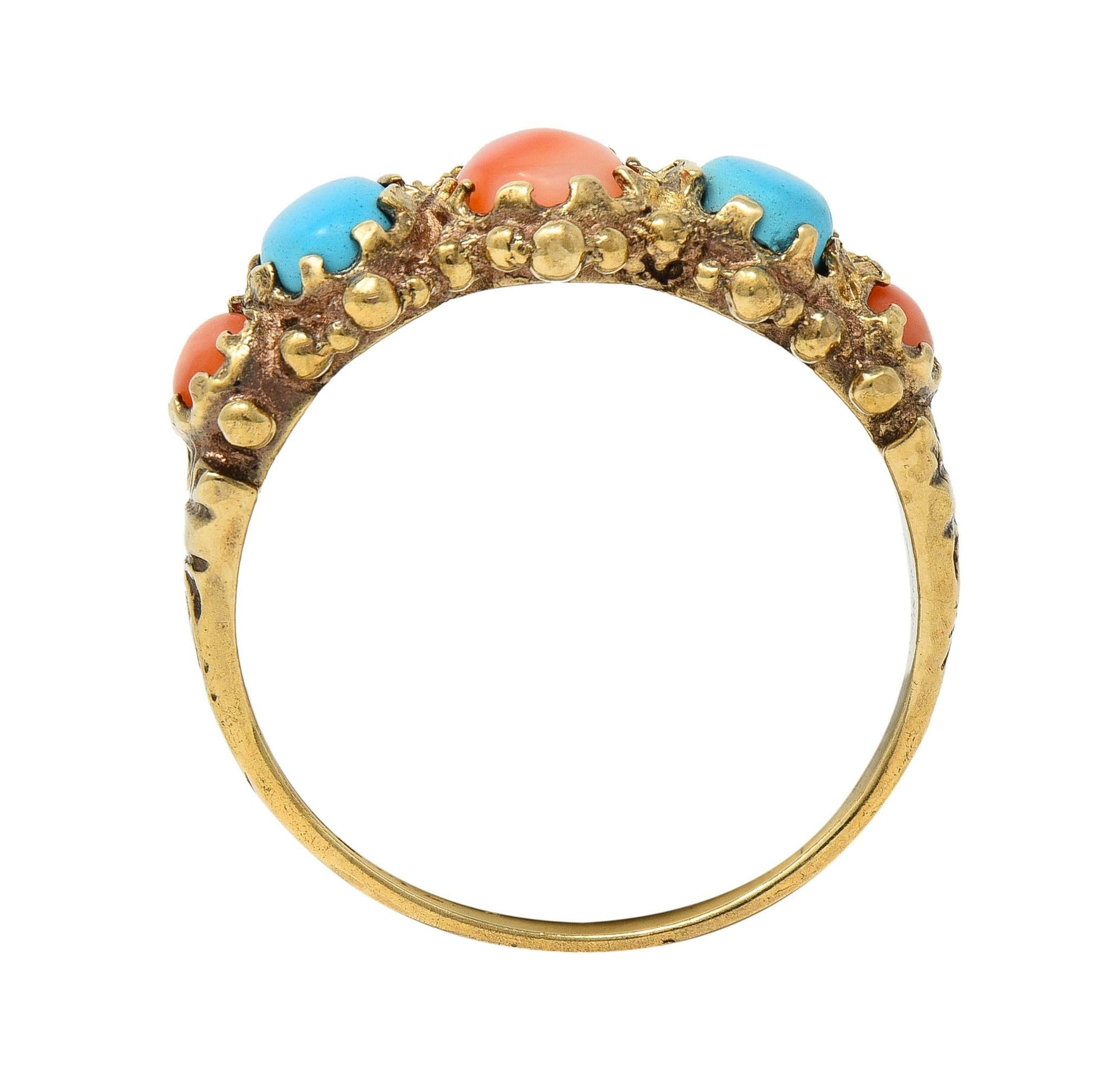 Vintage Brutalist Coral Turquoise 9 Karat Yellow Gold Five Stone Band Ring