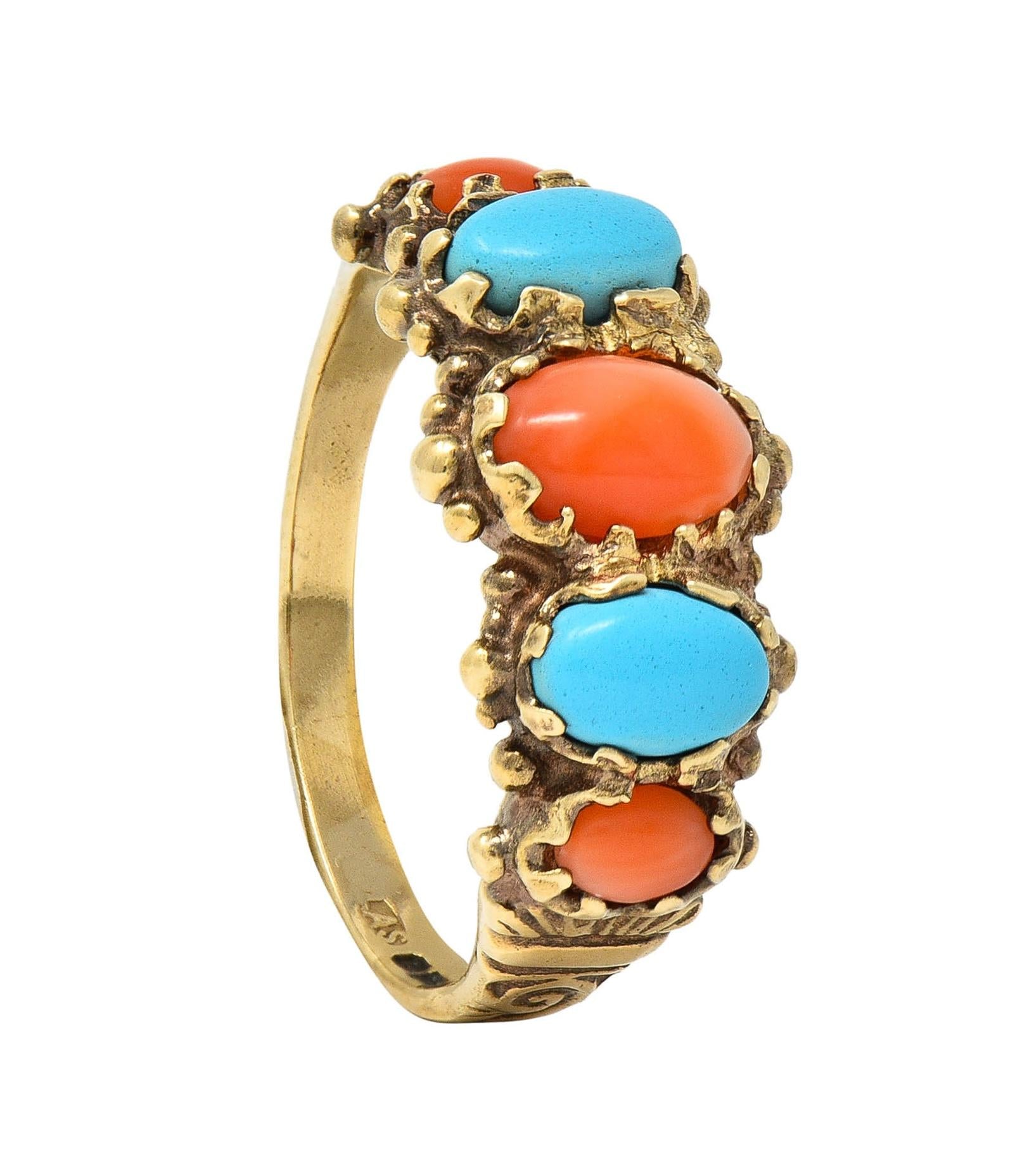 Vintage Brutalist Coral Turquoise 9 Karat Yellow Gold Five Stone Band Ring