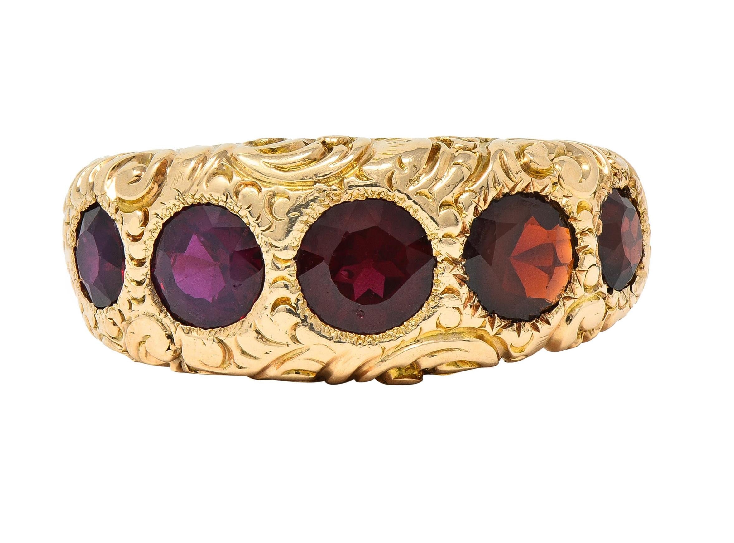 Victorian 3.44 CTW Garnet 14 Karat Yellow Gold Antique Five Stone Band Ring