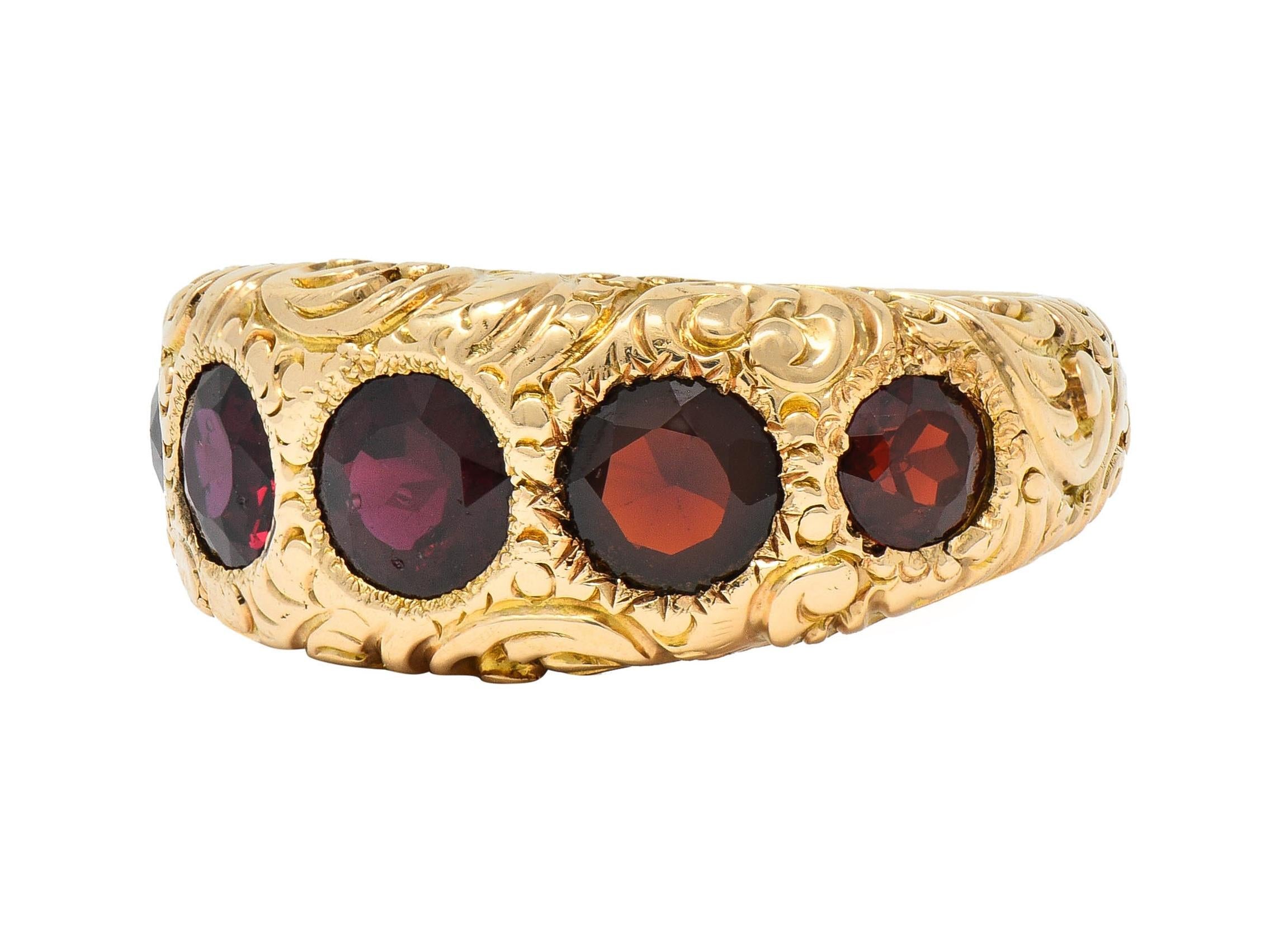 Victorian 3.44 CTW Garnet 14 Karat Yellow Gold Antique Five Stone Band Ring