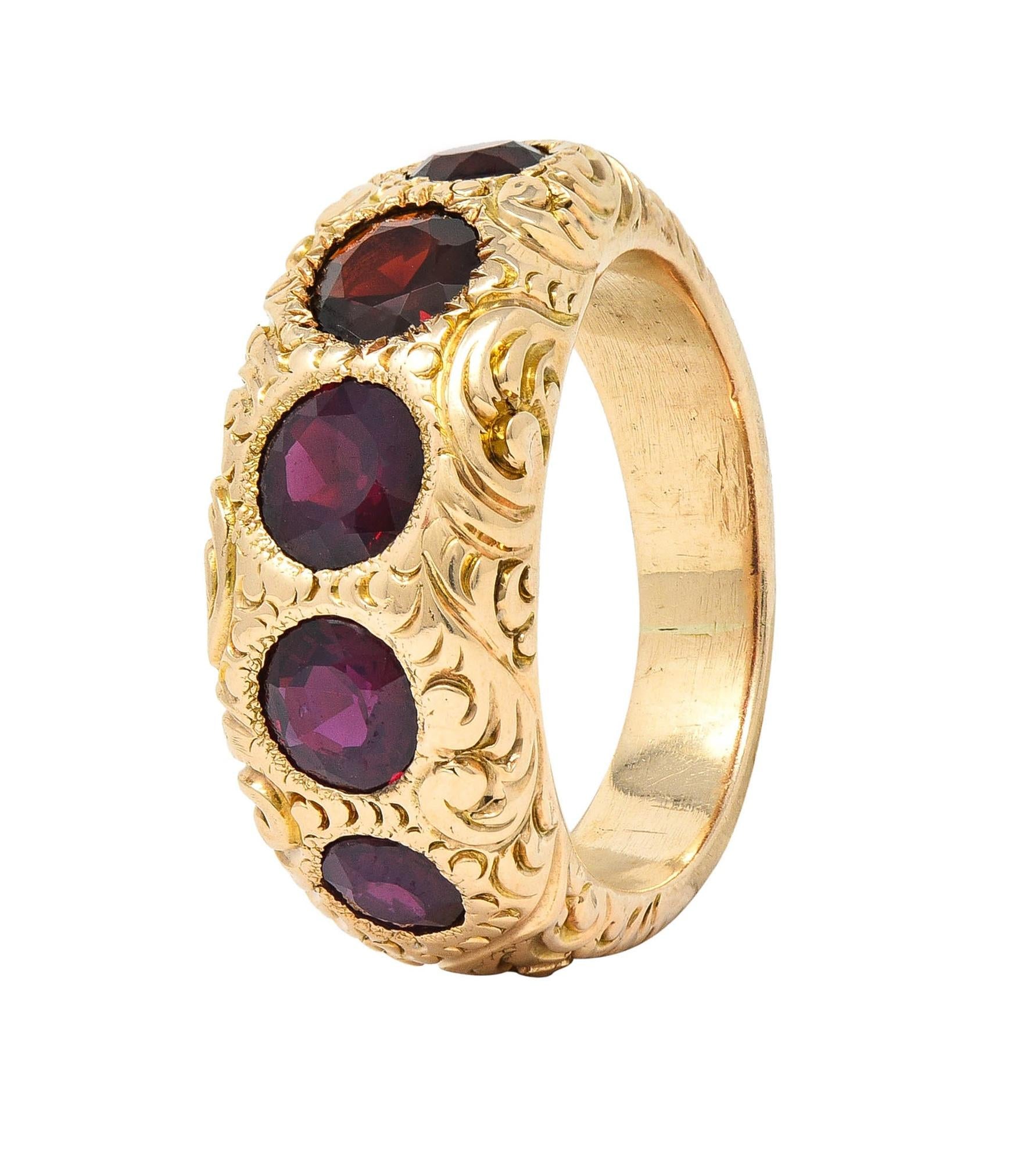 Victorian 3.44 CTW Garnet 14 Karat Yellow Gold Antique Five Stone Band Ring