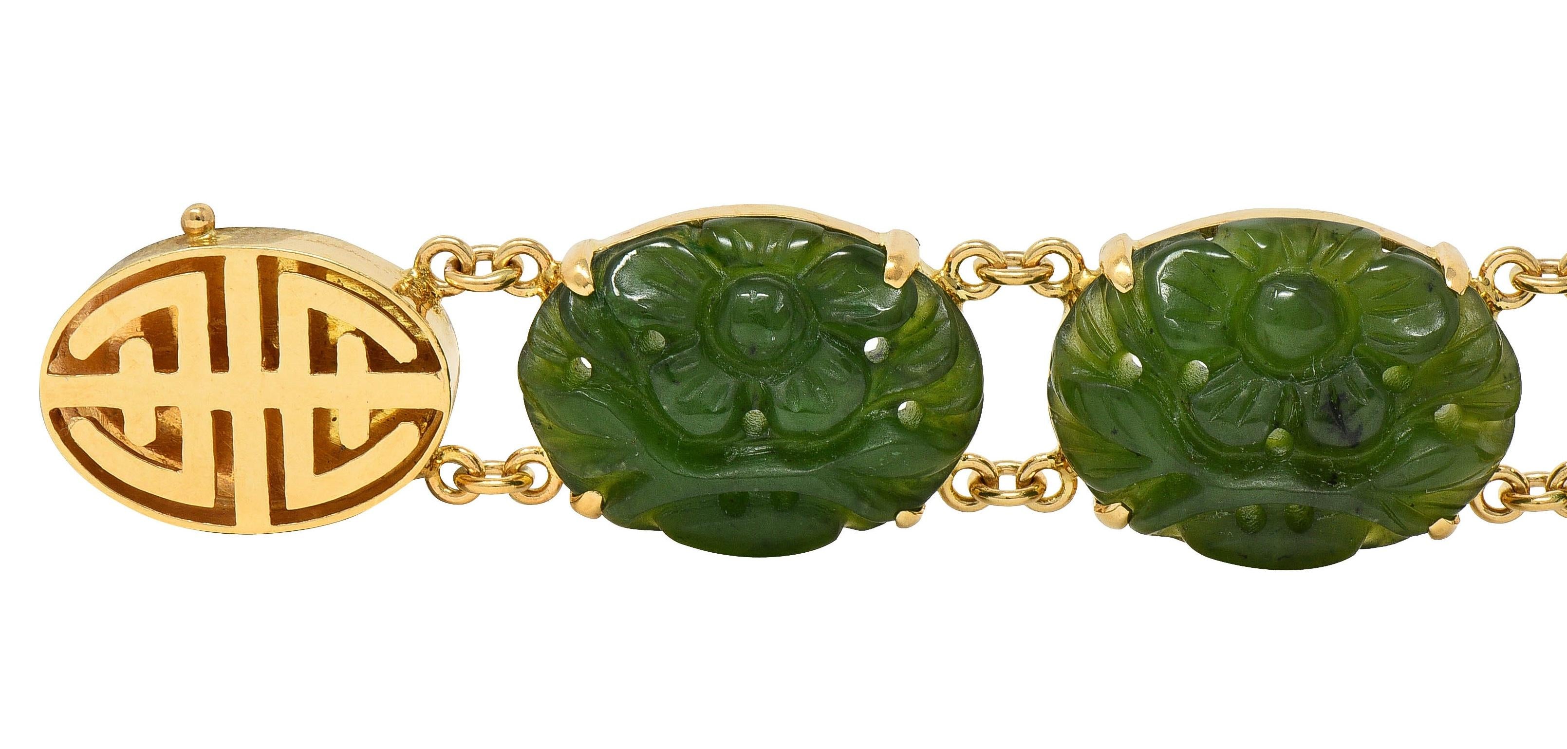 1970's Carved Jade 14 Karat Yellow Gold Floral Shou Vintage Bracelet