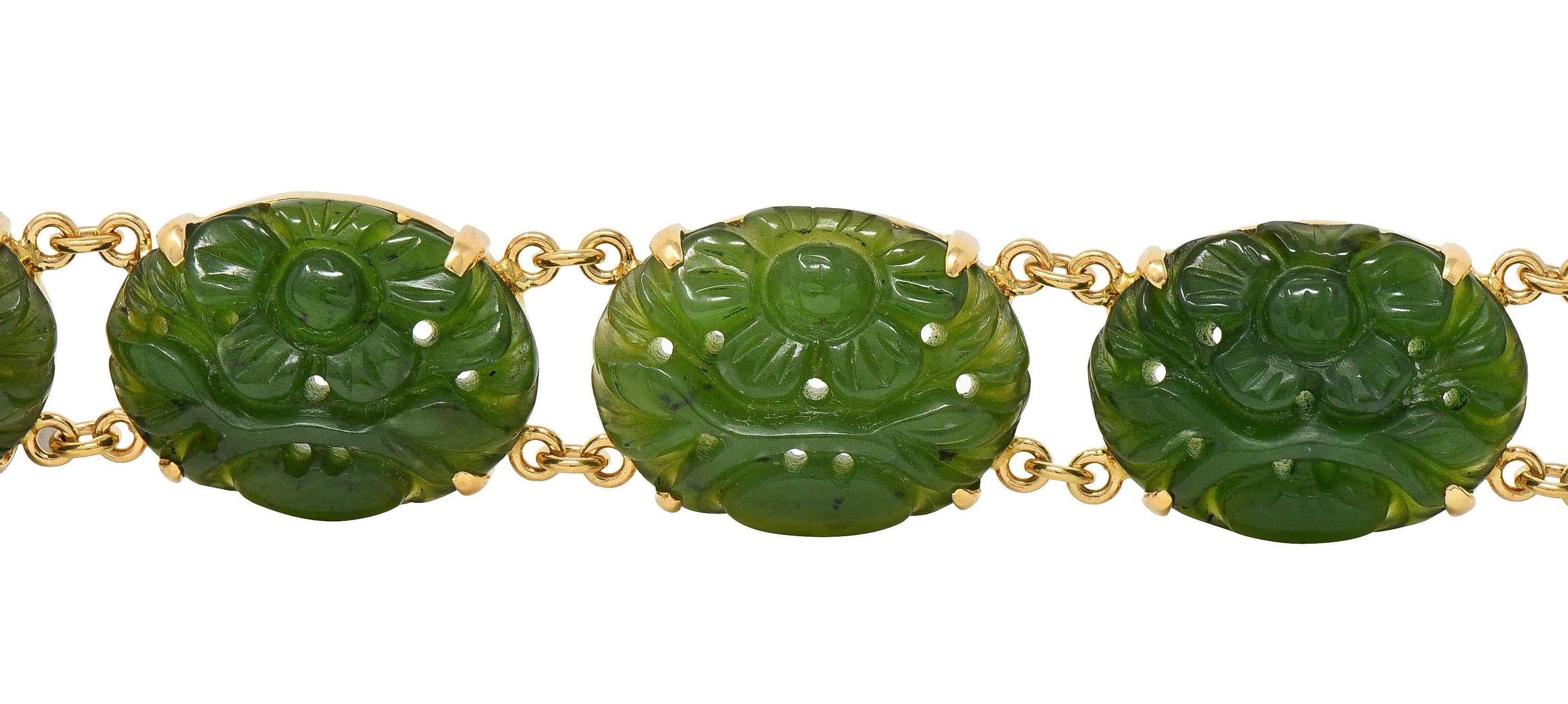 1970's Carved Jade 14 Karat Yellow Gold Floral Shou Vintage Bracelet