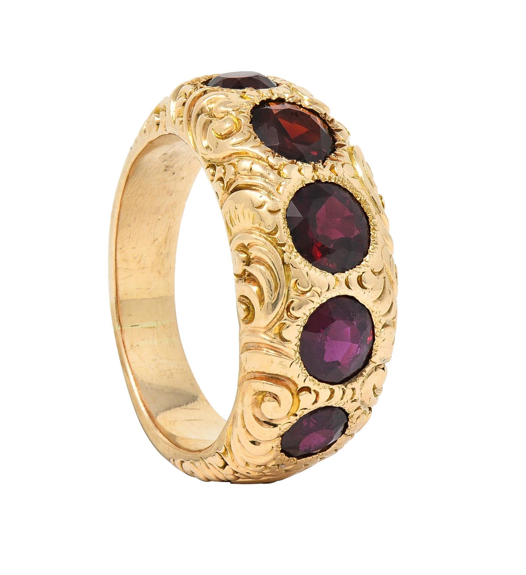 Victorian 3.44 CTW Garnet 14 Karat Yellow Gold Antique Five Stone Band Ring