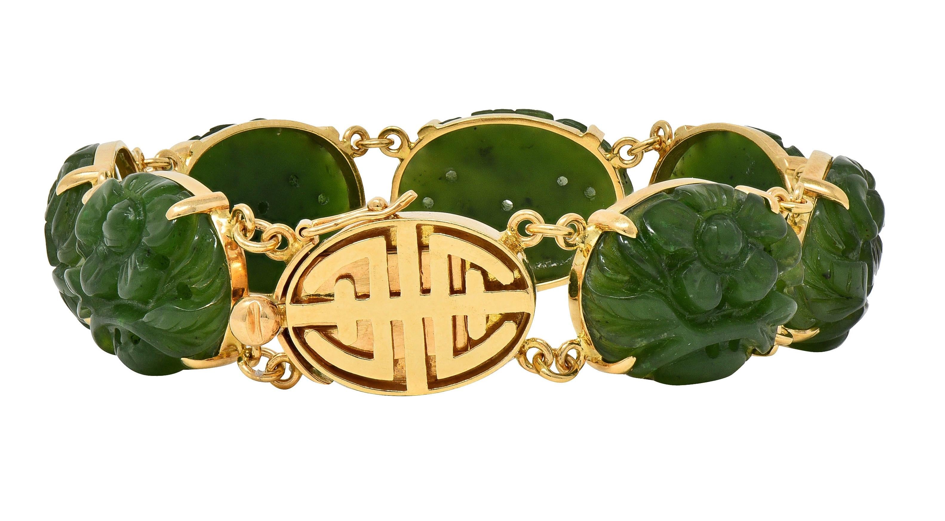 1970's Carved Jade 14 Karat Yellow Gold Floral Shou Vintage Bracelet