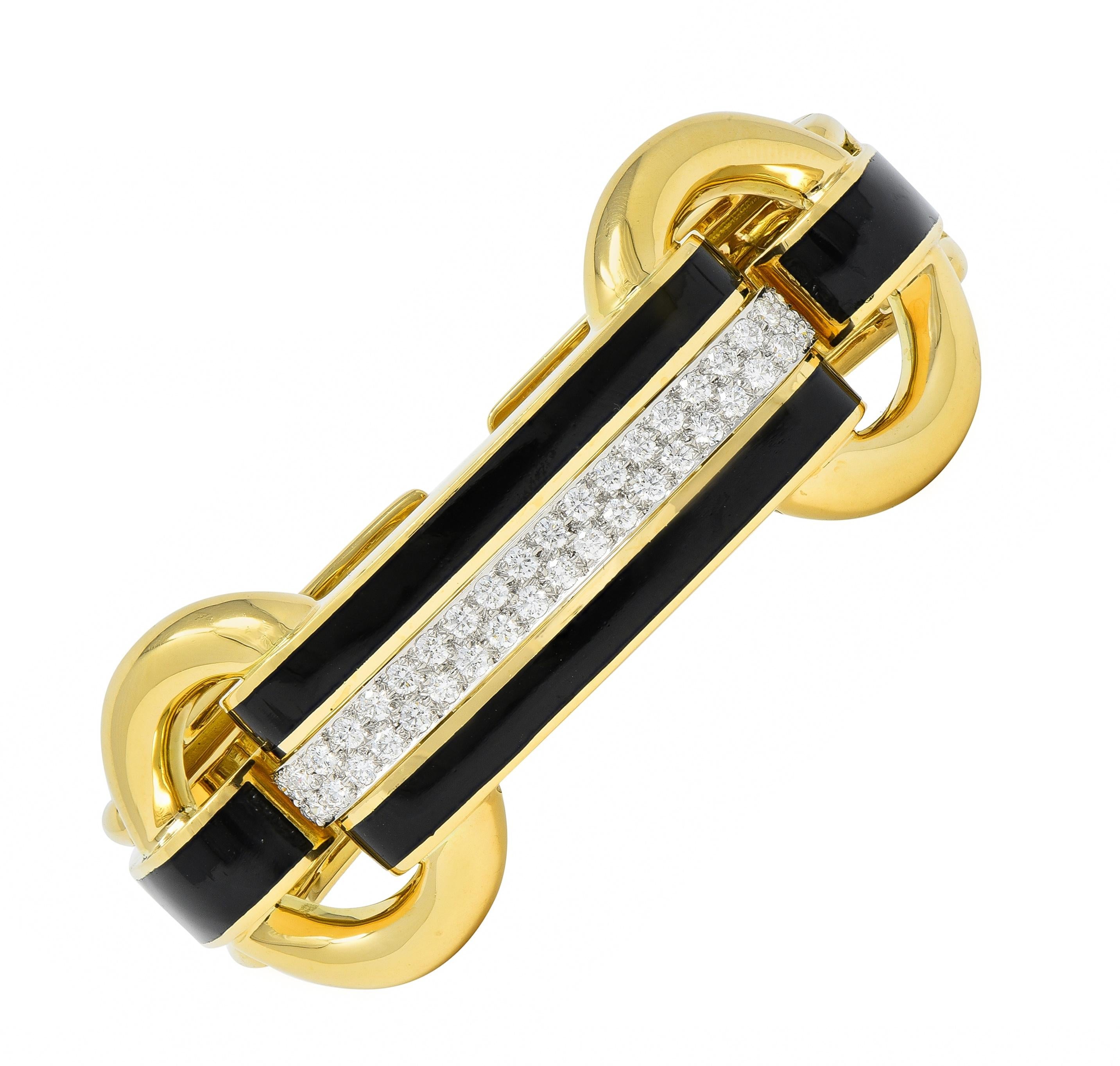 David Webb Diamond Enamel Platinum 18 Karat Yellow Gold Bridle Cuff Bracelet
