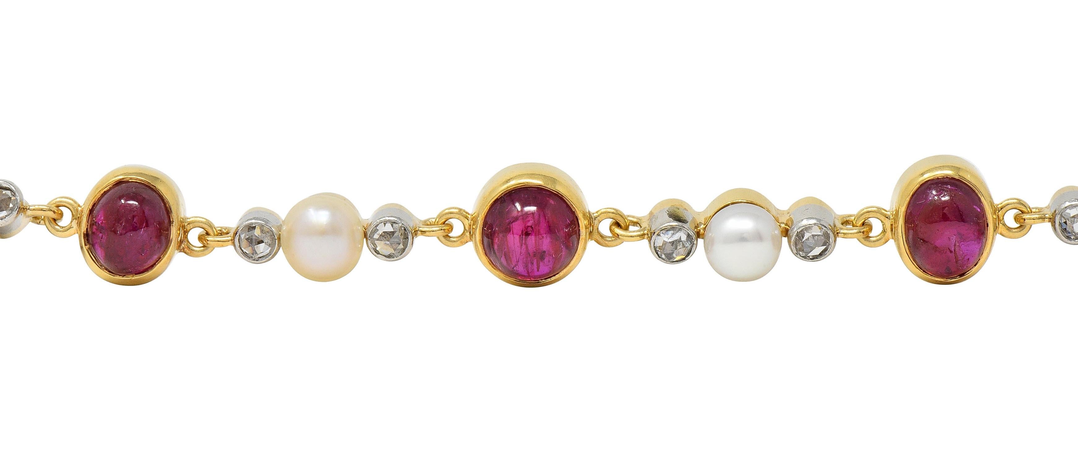 Edwardian French Ruby Diamond Pearl Platinum 18K Gold Antique Line Bracelet