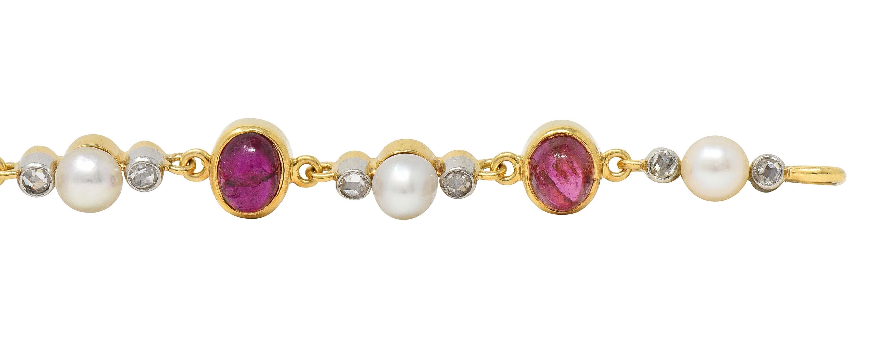 Edwardian French Ruby Diamond Pearl Platinum 18K Gold Antique Line Bracelet